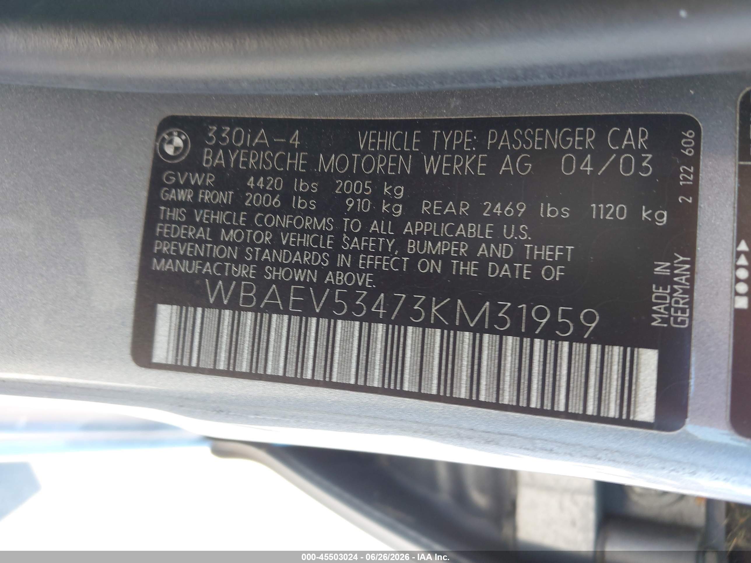 2003 Bmw 3 Series 330i Gray vin: WBAEV53473KM31959