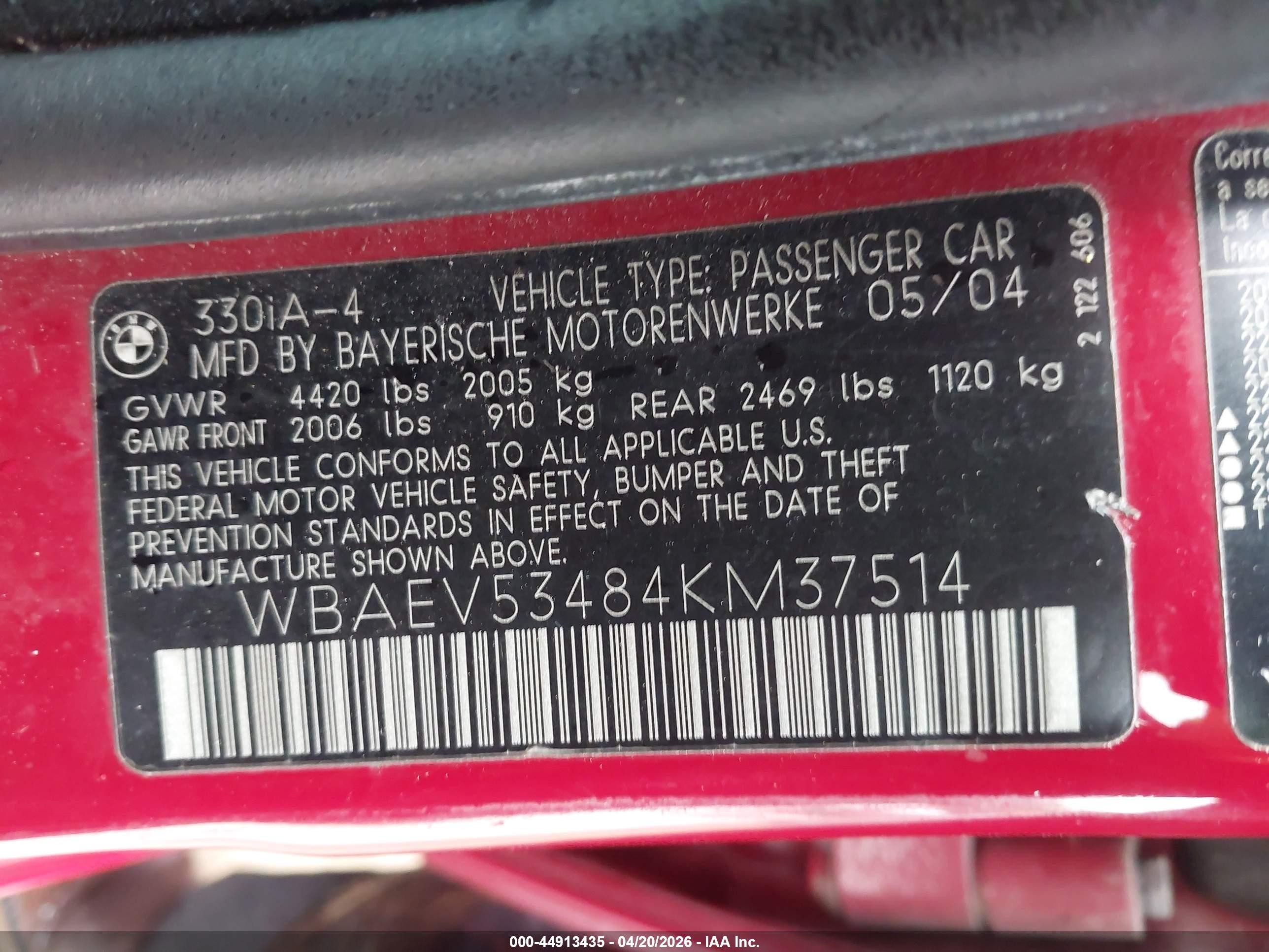 2004 Bmw 330i   Red vin: WBAEV53484KM37514