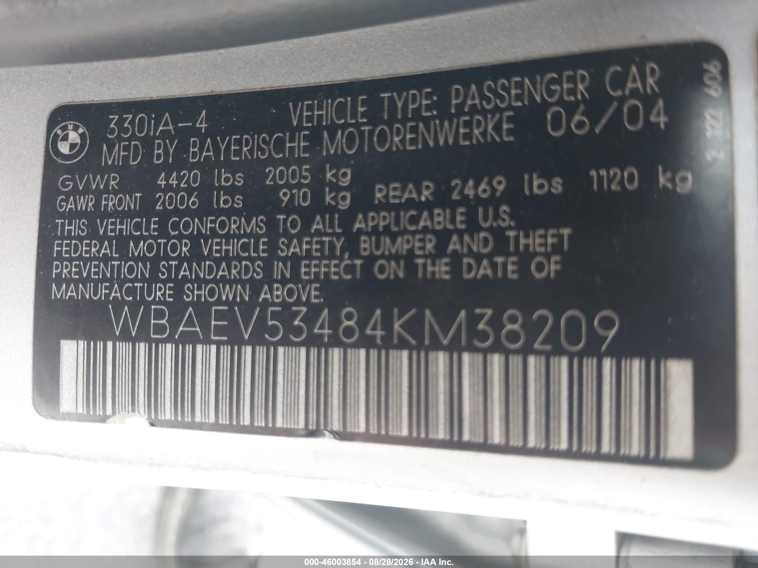 2004 Bmw 330i   Silver vin: WBAEV53484KM38209