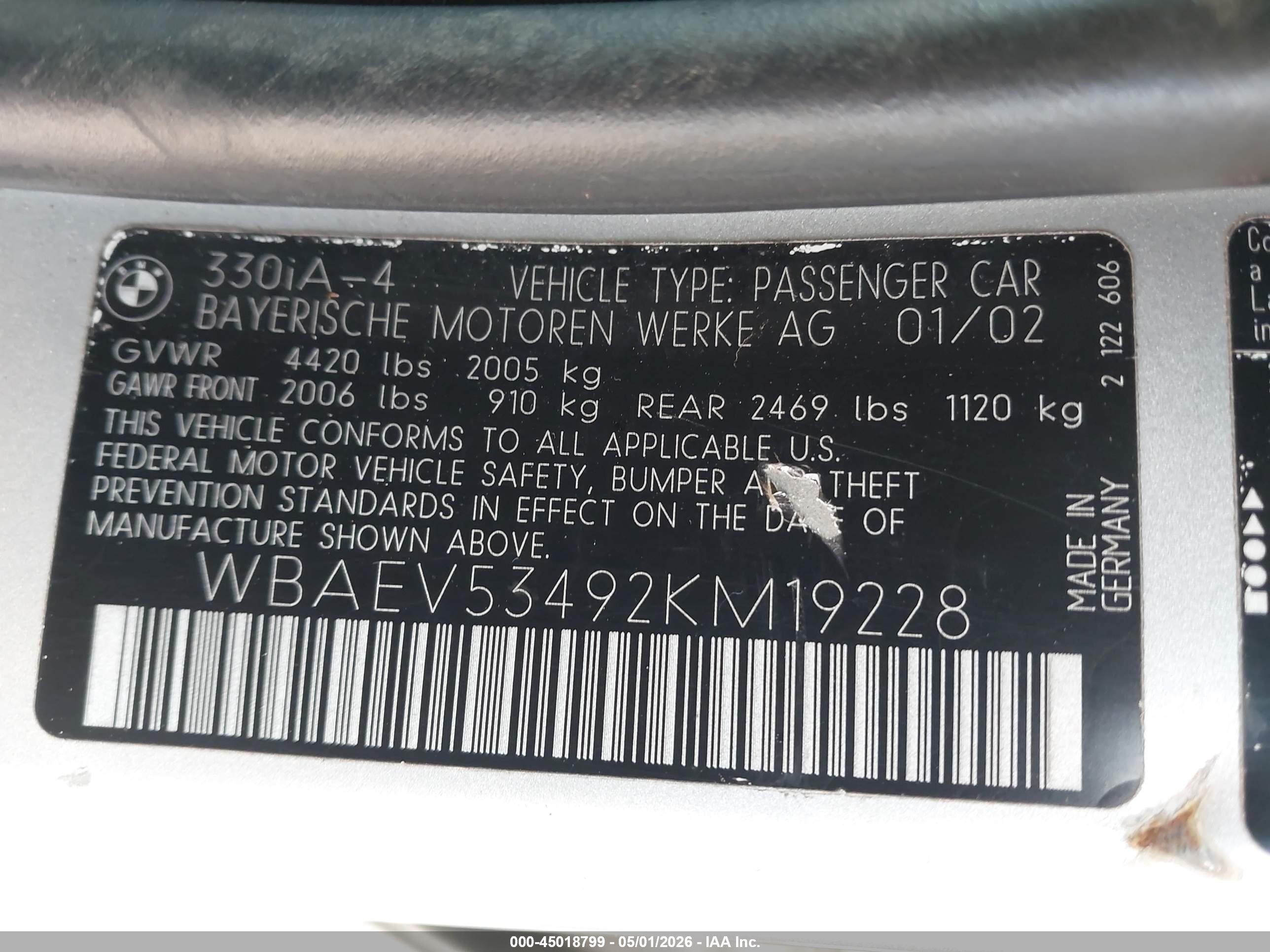 2002 Bmw 330i Silver vin: WBAEV53492KM19228