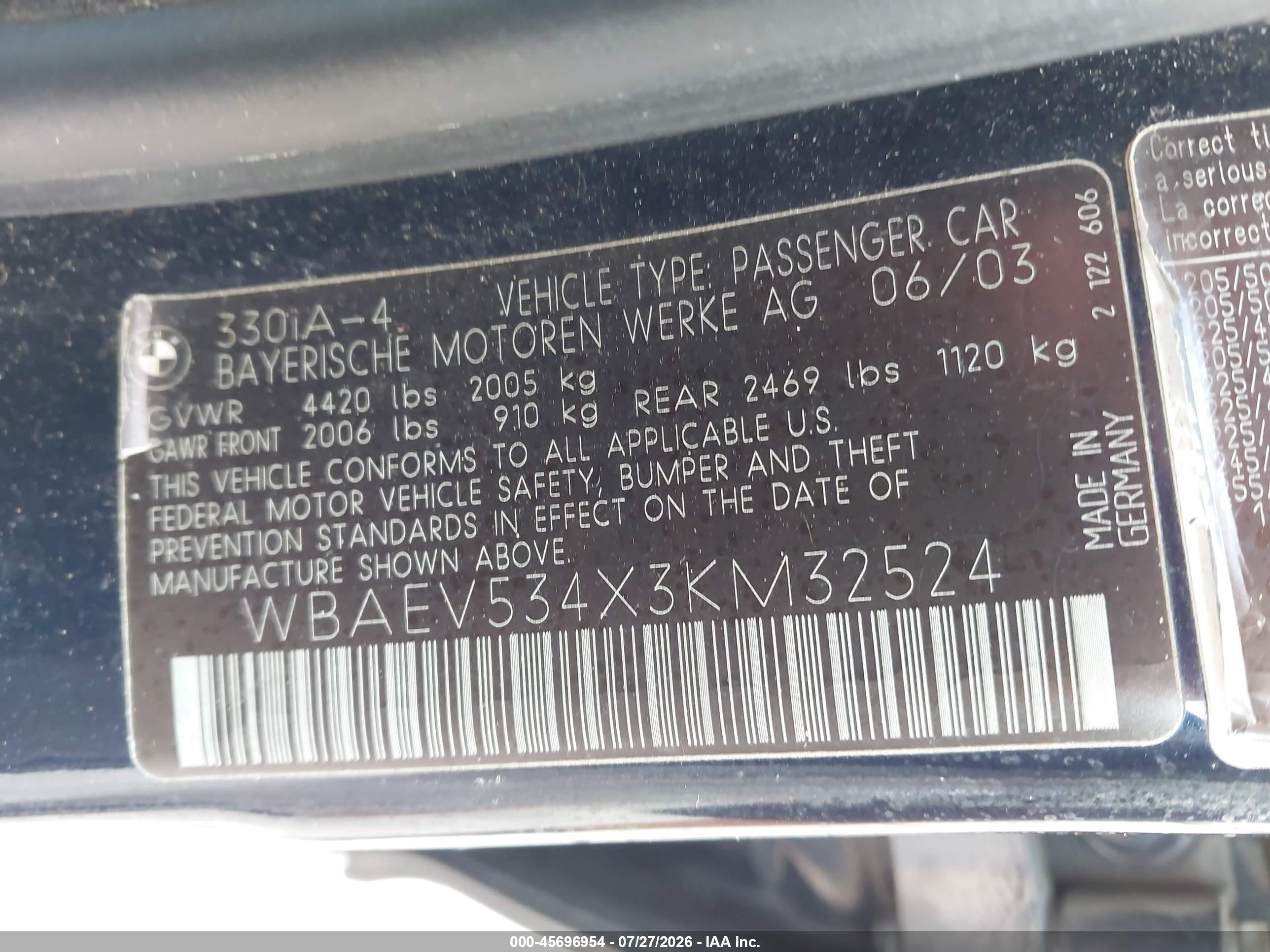 2003 Bmw 330i   Dark Blue vin: WBAEV534X3KM32524