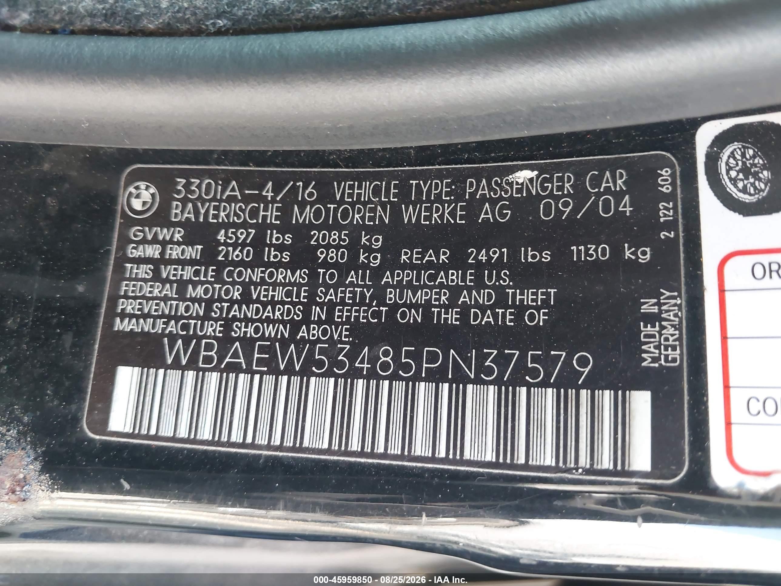 2005 Bmw 330xi   Black vin: WBAEW53485PN37579
