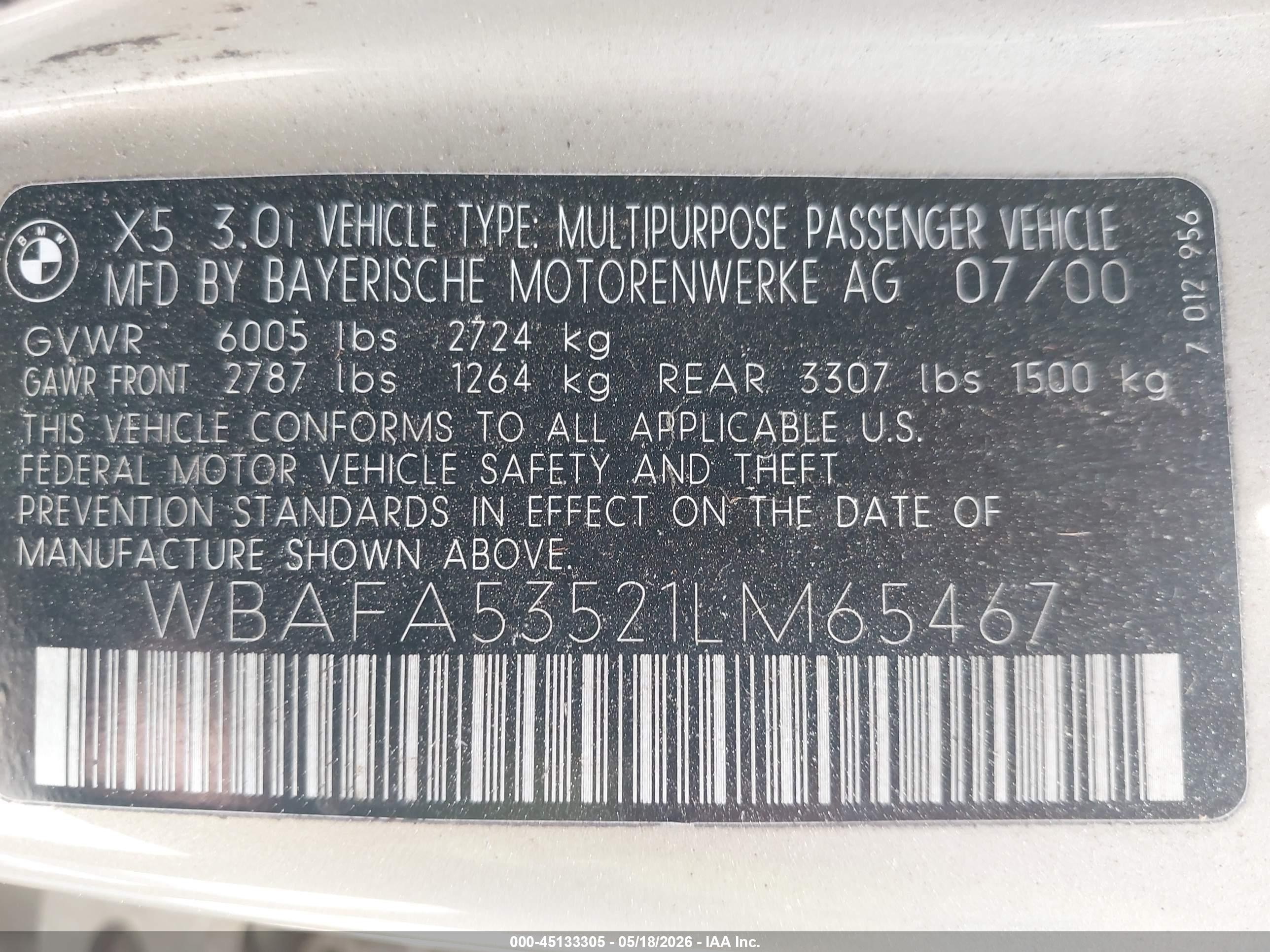 2001 Bmw X5 3.0 Champagne vin: WBAFA53521LM65467