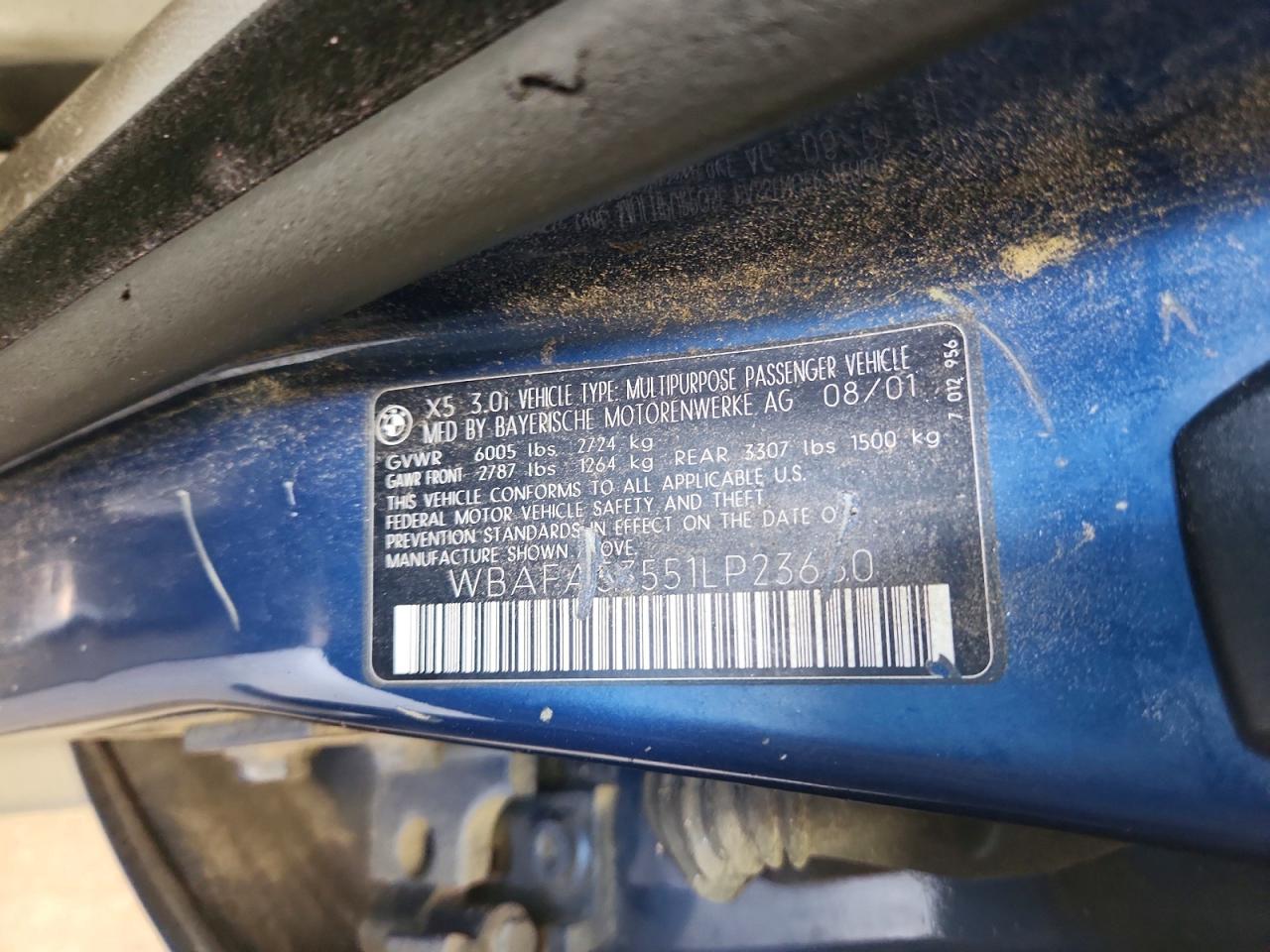 2001 Bmw X5 3.0i Blue vin: WBAFA53551LP23660