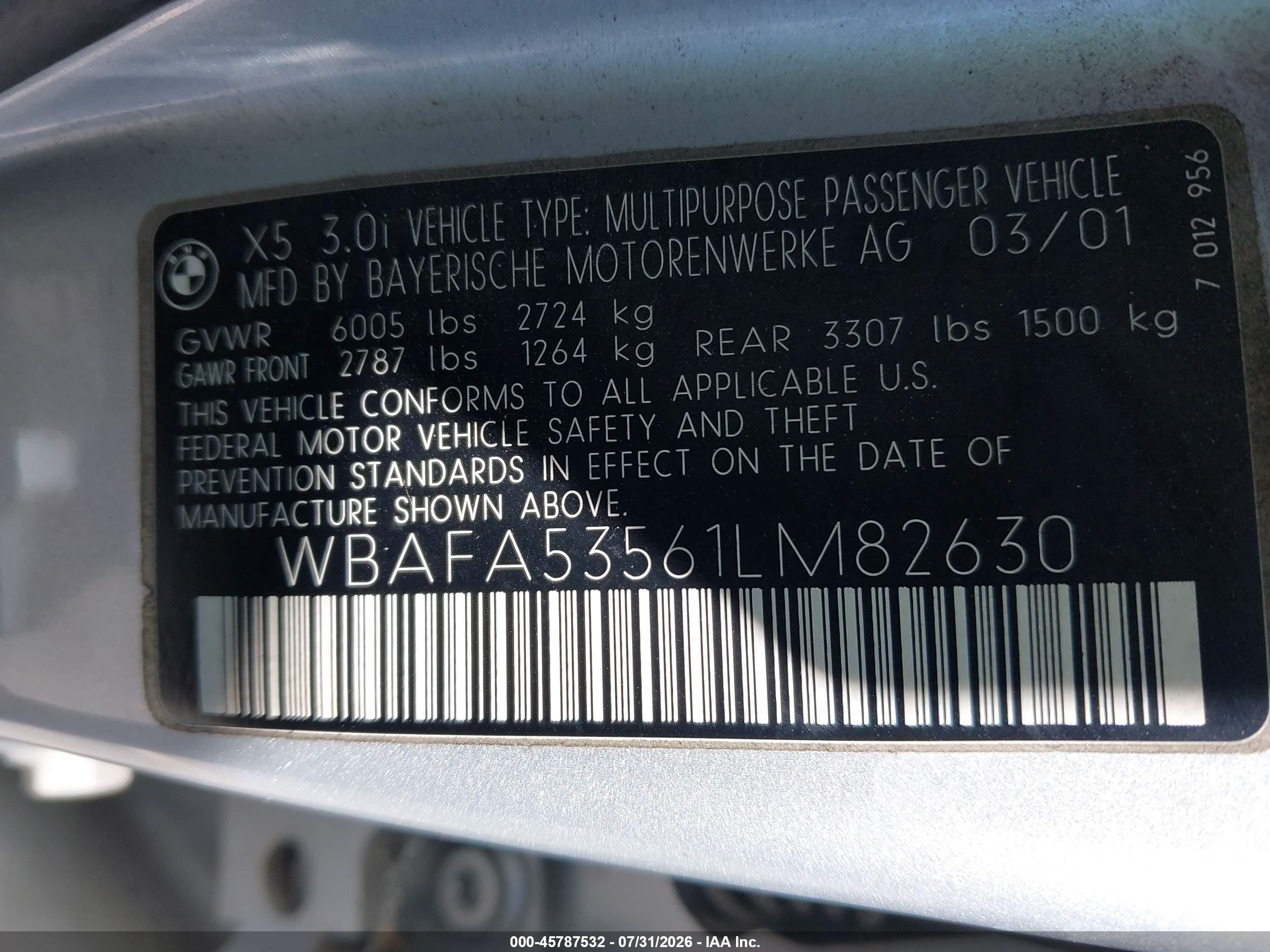 2001 Bmw X5 3.0 Silver vin: WBAFA53561LM82630