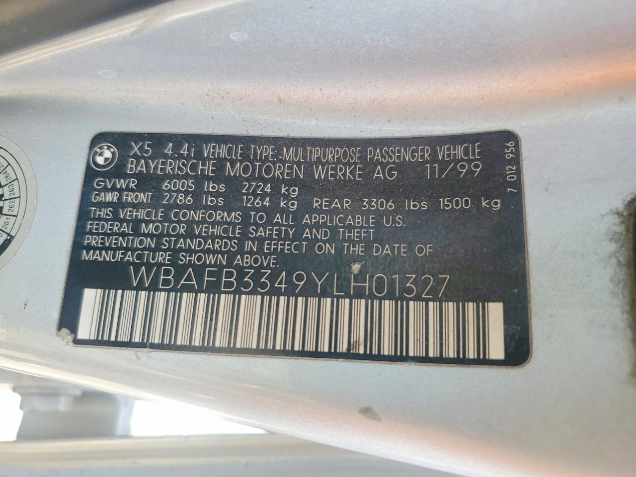 2000 Bmw X5 4.4i Серебряный vin: WBAFB3349YLH01327
