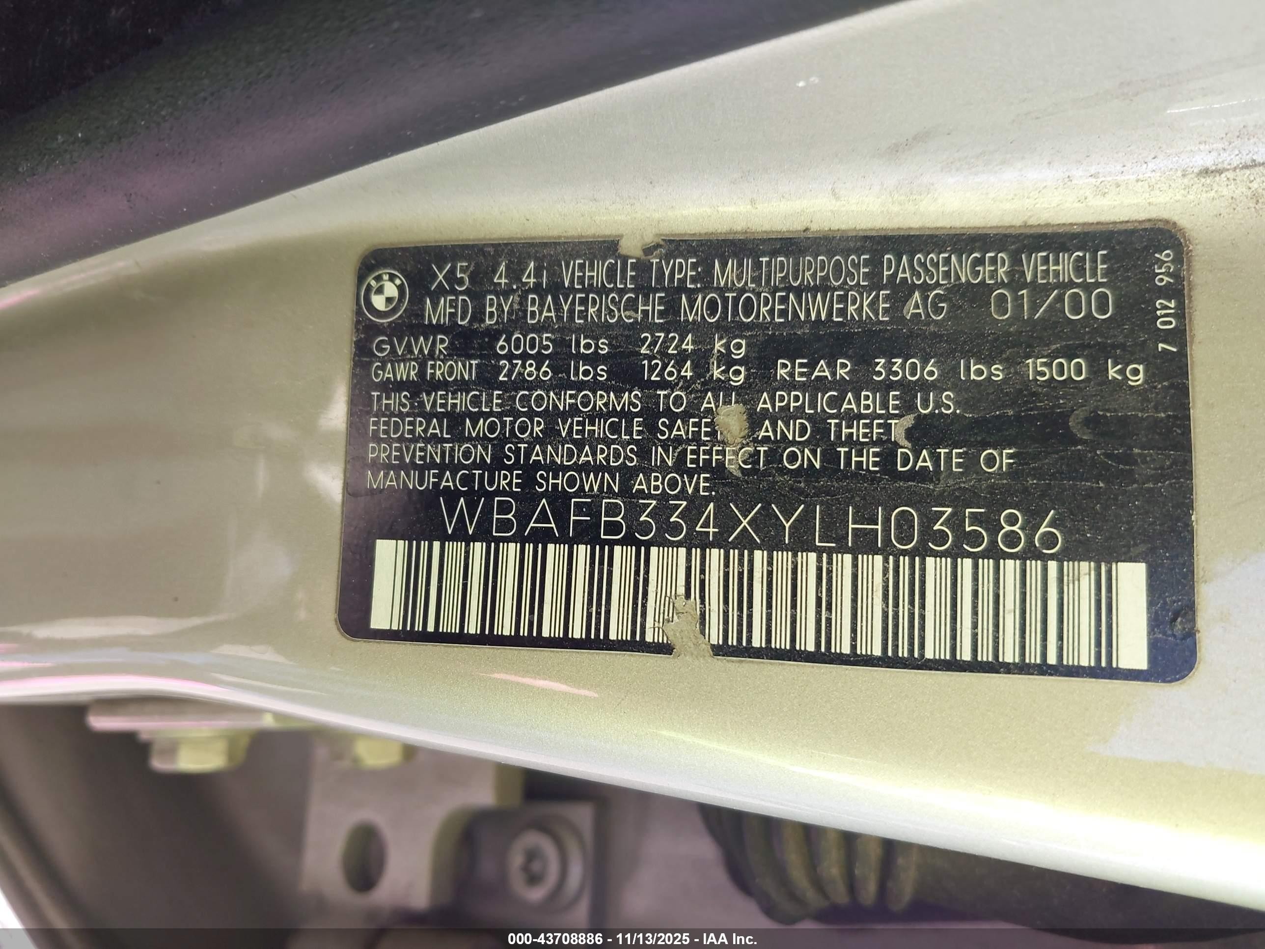 2000 Bmw X5 4.4 Gold vin: WBAFB334XYLH03586