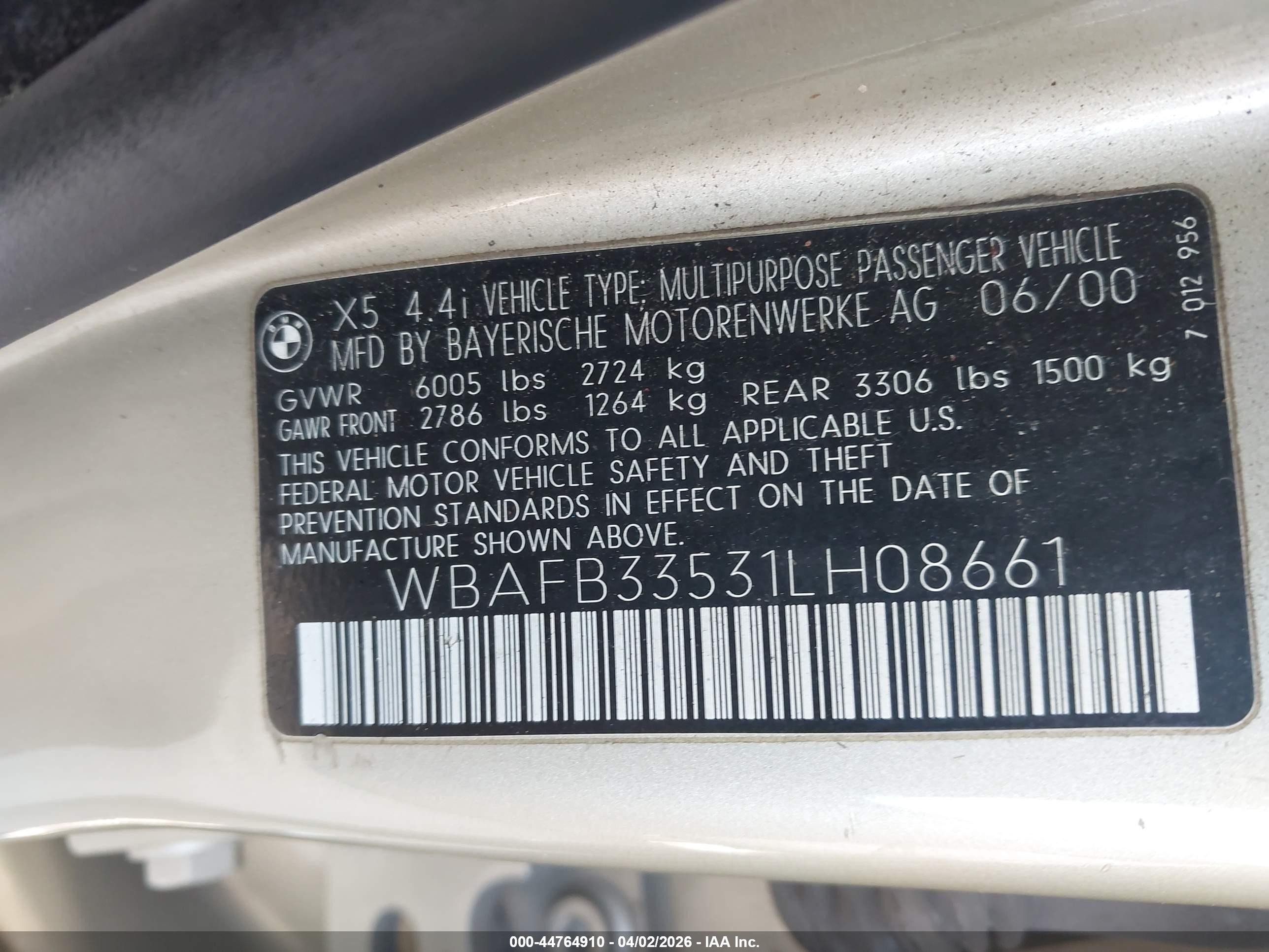 2001 Bmw X5 4.4 Teal vin: WBAFB33531LH08661