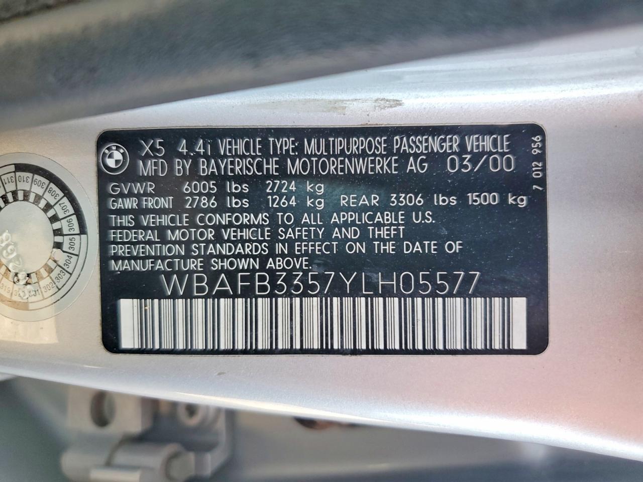 2000 Bmw X5 4.4i Серебряный vin: WBAFB3357YLH05577