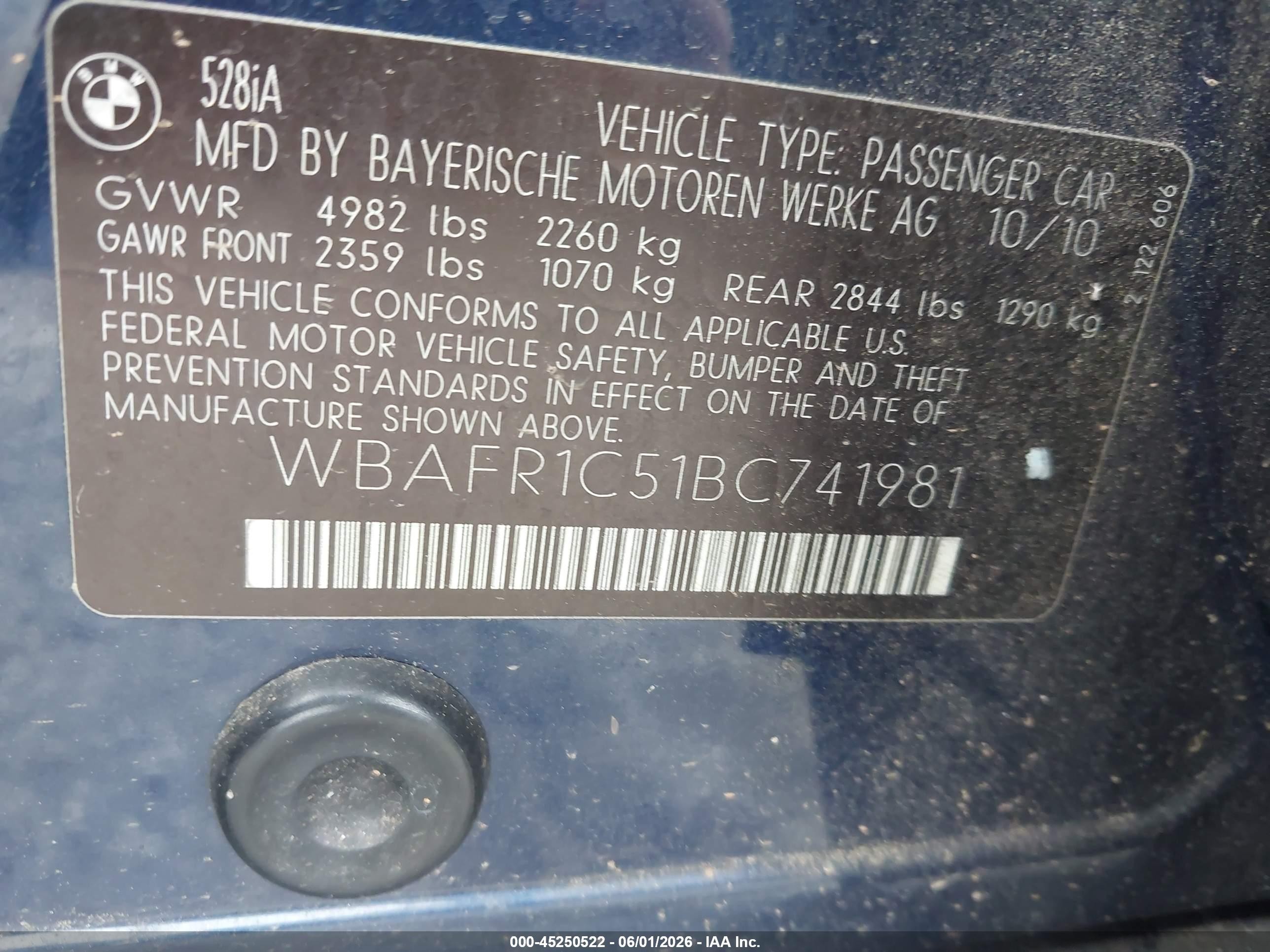 2011 Bmw 528i   Blue vin: WBAFR1C51BC741981