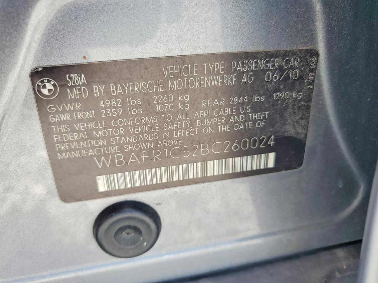 2011 Bmw 528 I Серый vin: WBAFR1C52BC260024