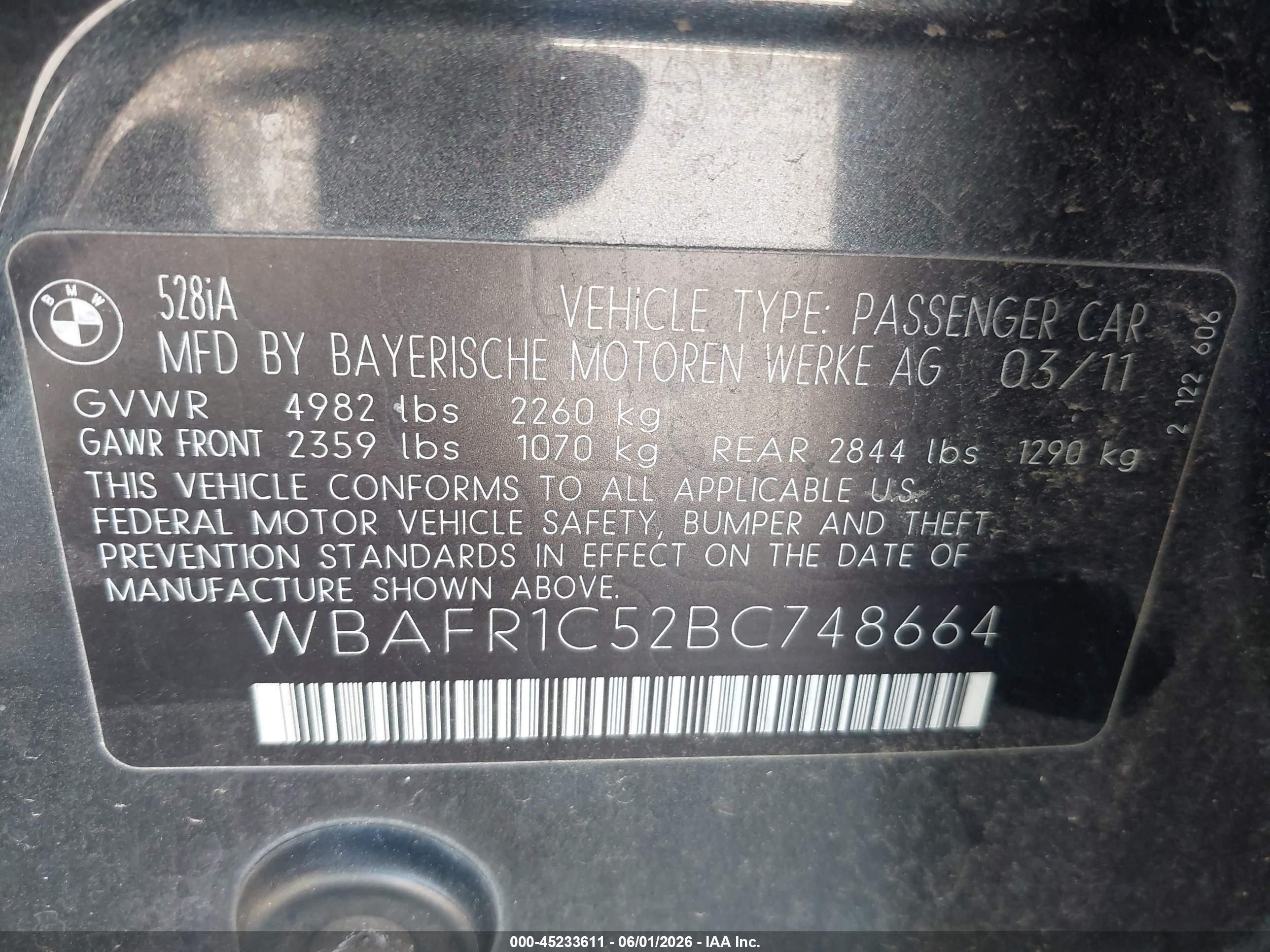 2011 Bmw 528i   Серый vin: WBAFR1C52BC748664