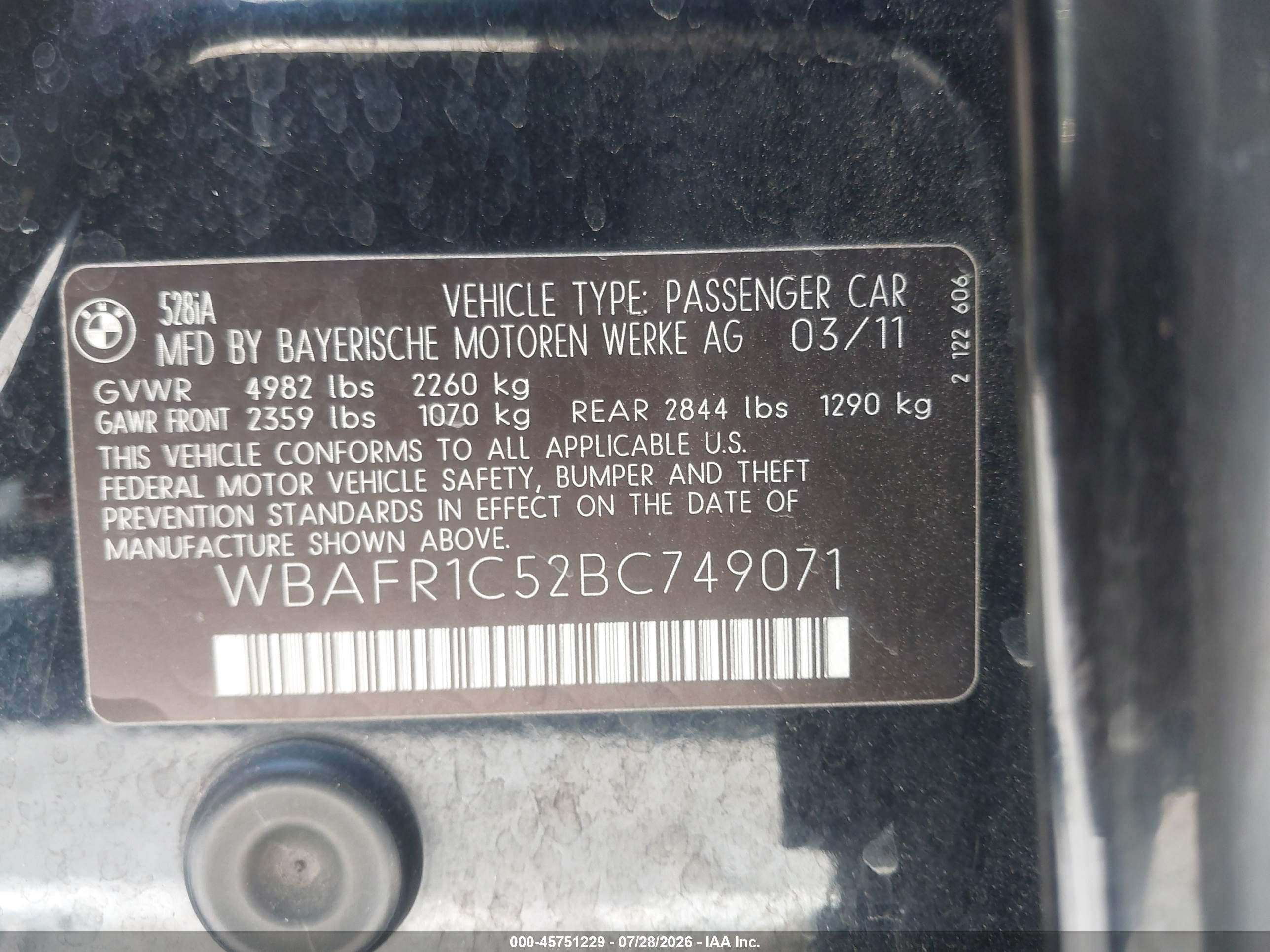 2011 Bmw 528i   Black vin: WBAFR1C52BC749071