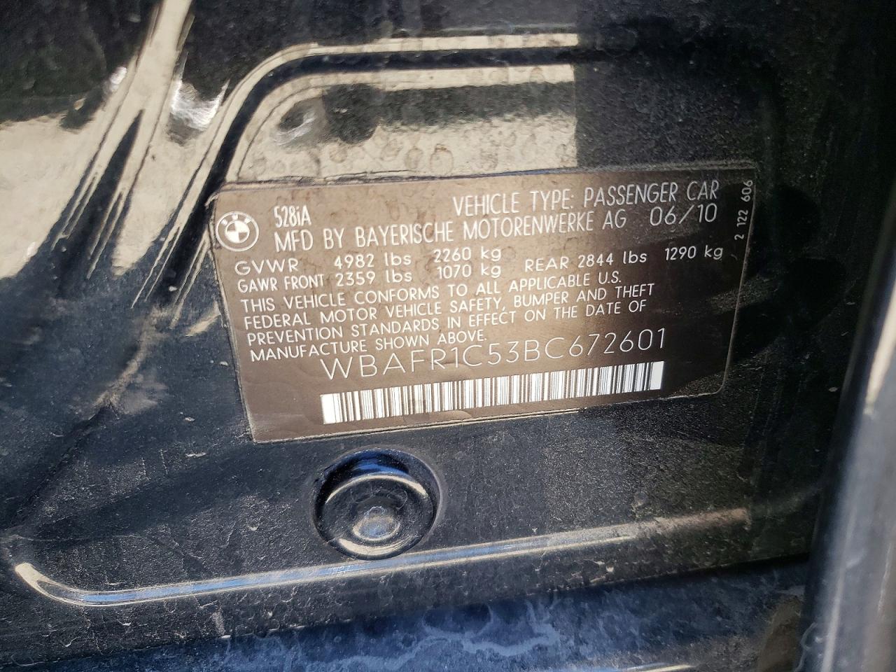 2011 Bmw 528 I Черный vin: WBAFR1C53BC672601
