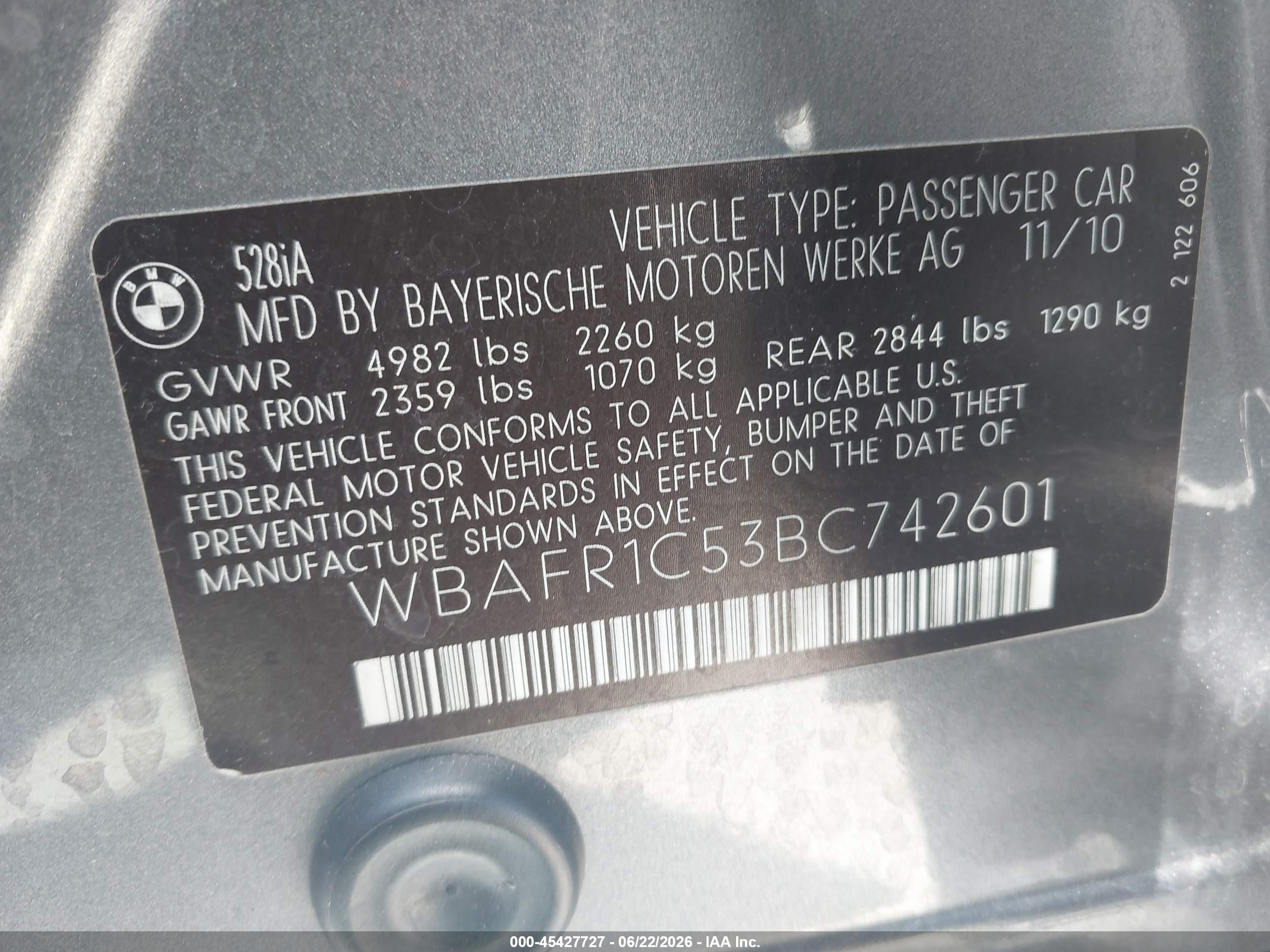 2011 Bmw 528i   Gray vin: WBAFR1C53BC742601