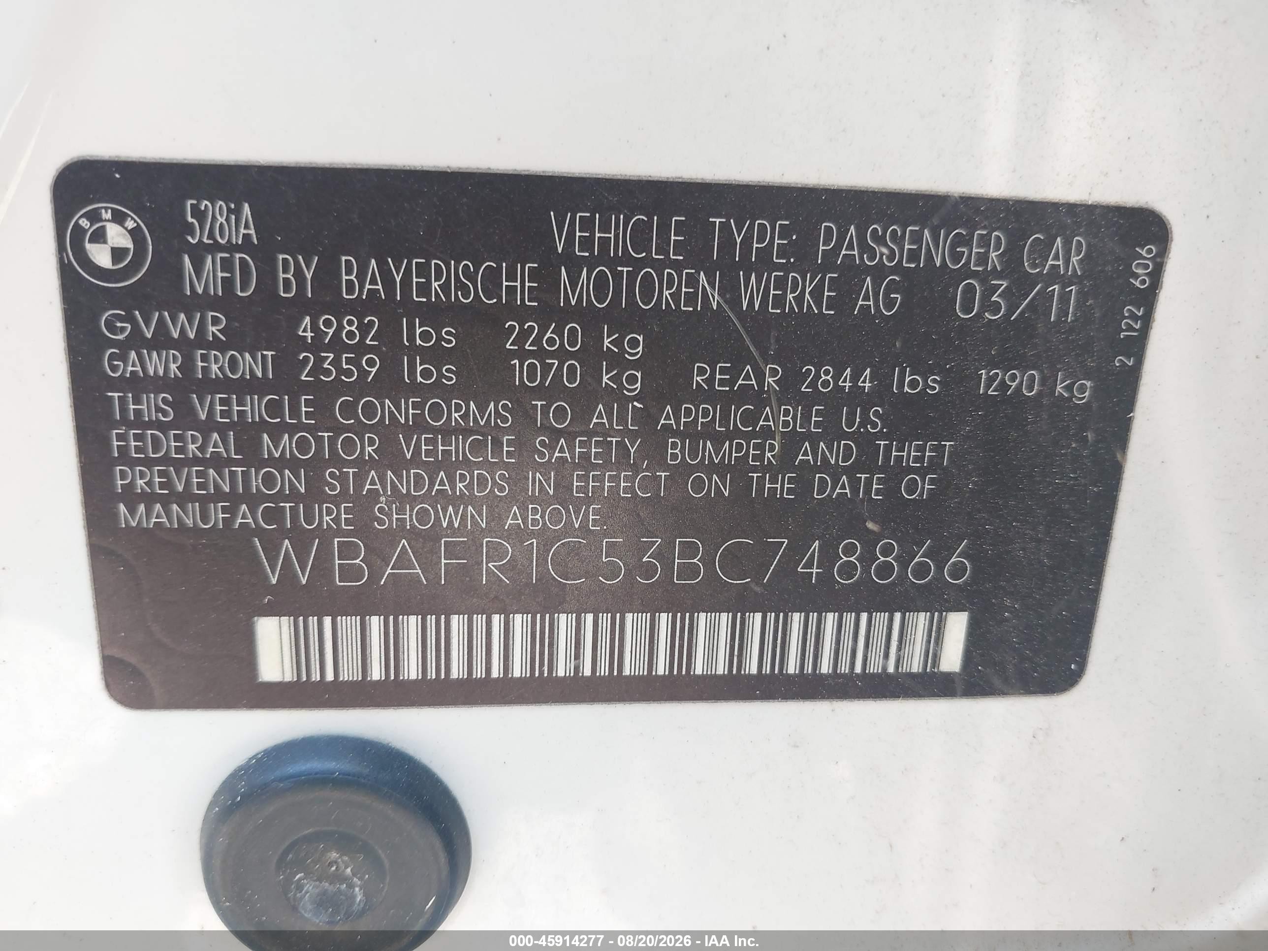 2011 Bmw 528i   Белый vin: WBAFR1C53BC748866