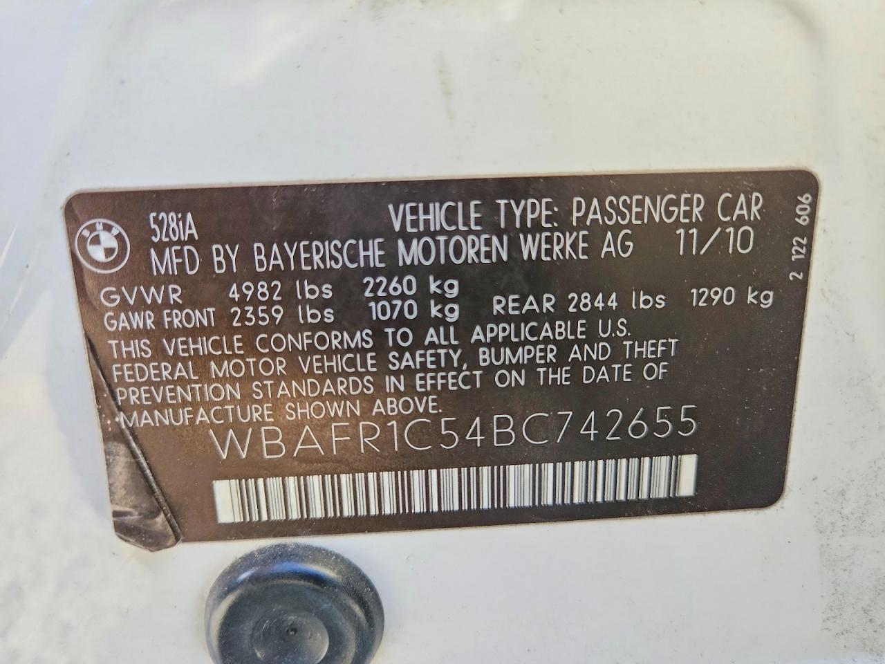 2011 Bmw 528 I White vin: WBAFR1C54BC742655