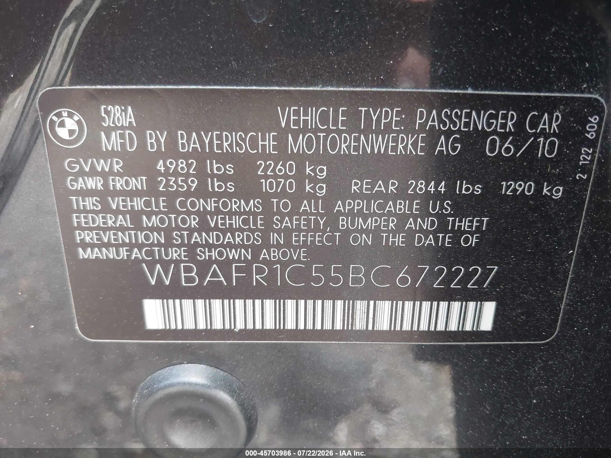 2011 Bmw 528i   Black vin: WBAFR1C55BC672227