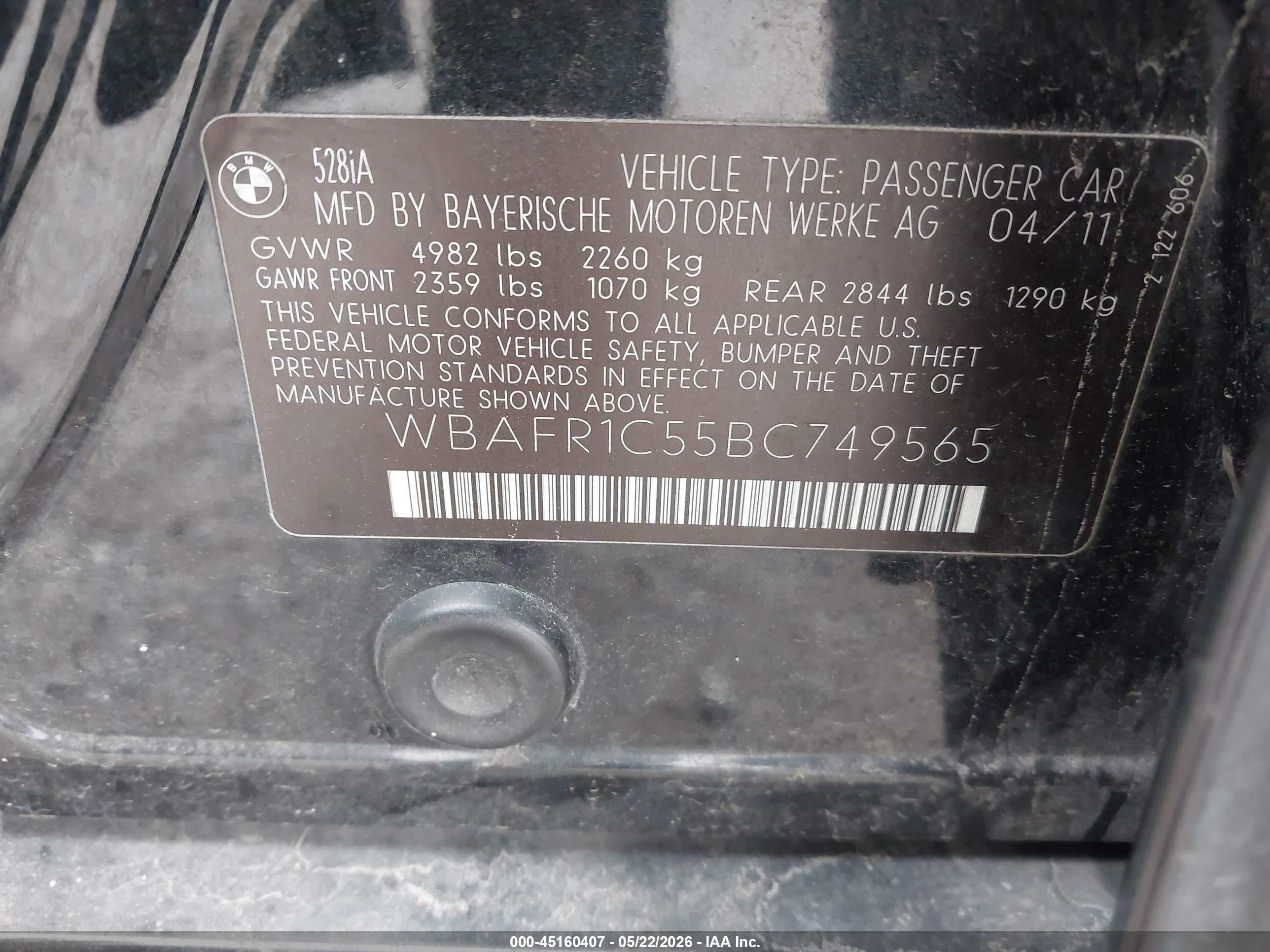 2011 Bmw 528i   Black vin: WBAFR1C55BC749565