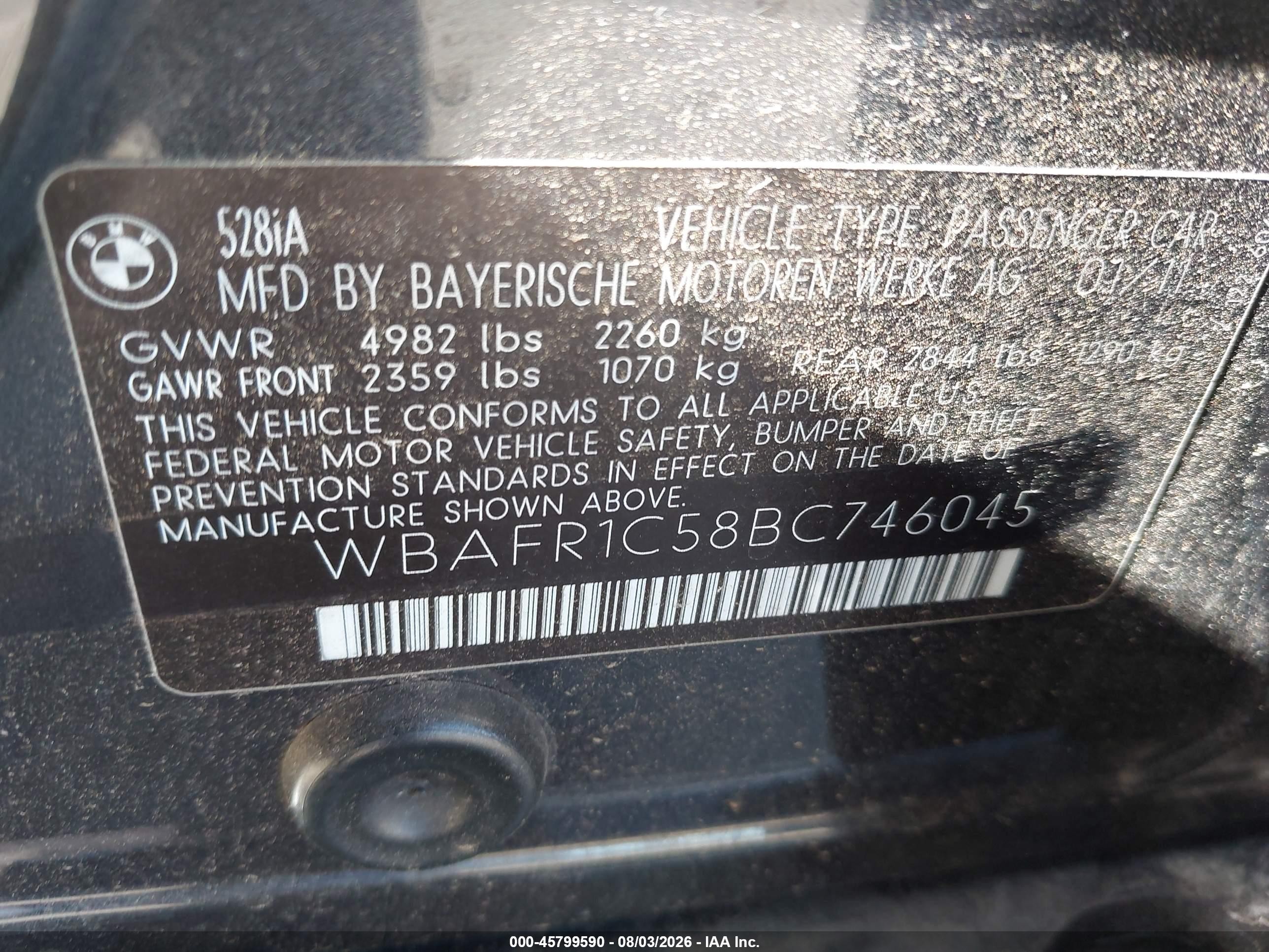 2011 Bmw 528i   Gray vin: WBAFR1C58BC746045