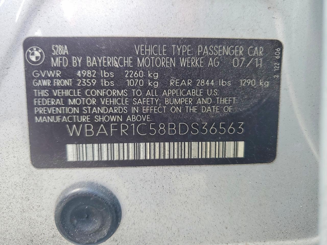 2011 Bmw 528 I Серебряный vin: WBAFR1C58BDS36563