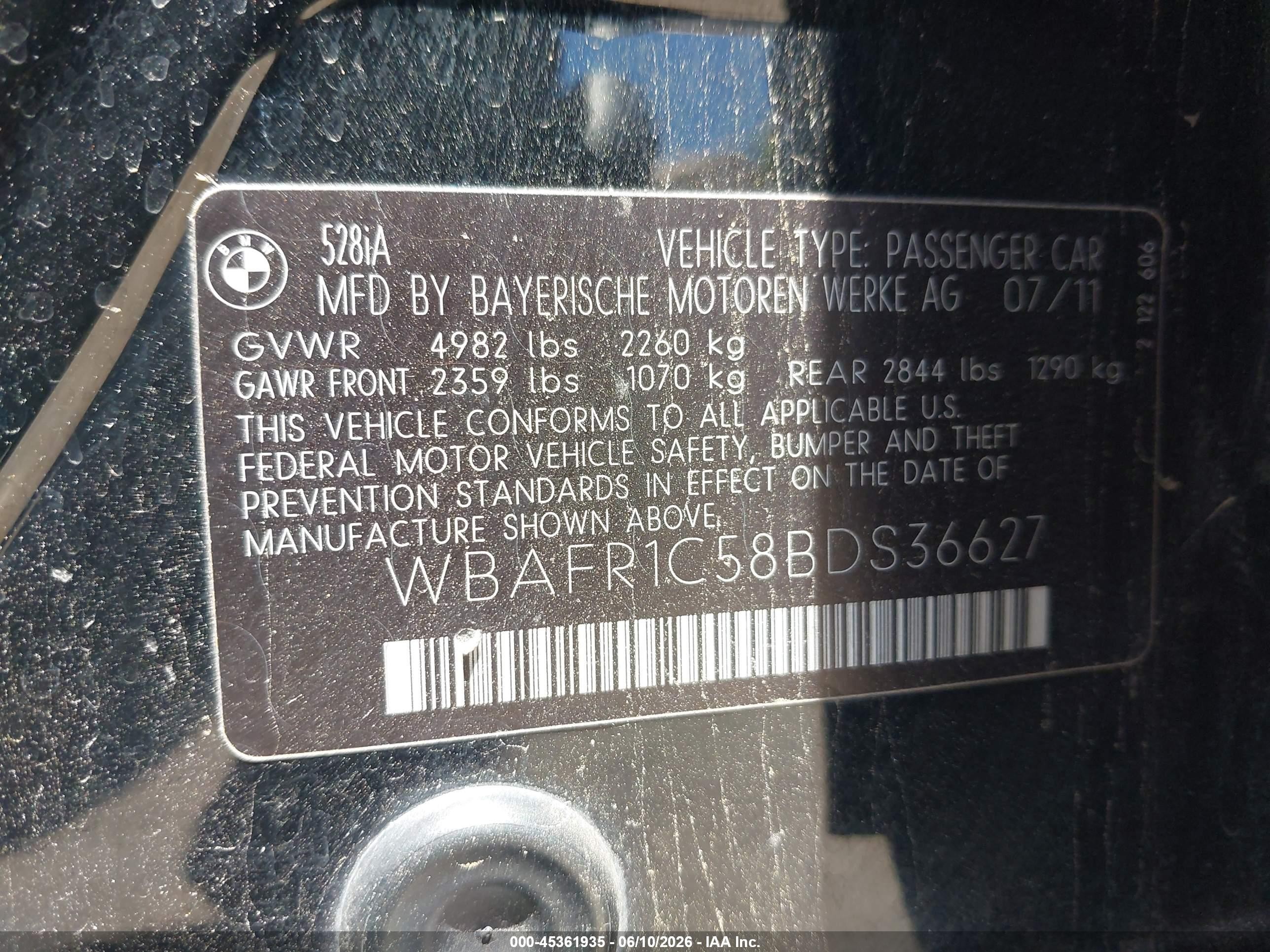 2011 Bmw 528i   Black vin: WBAFR1C58BDS36627