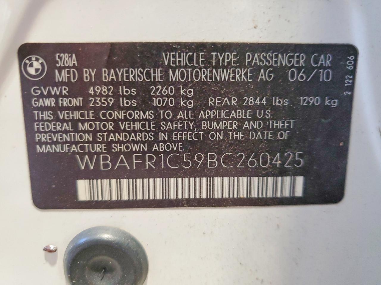 2011 Bmw 528 I Белый vin: WBAFR1C59BC260425