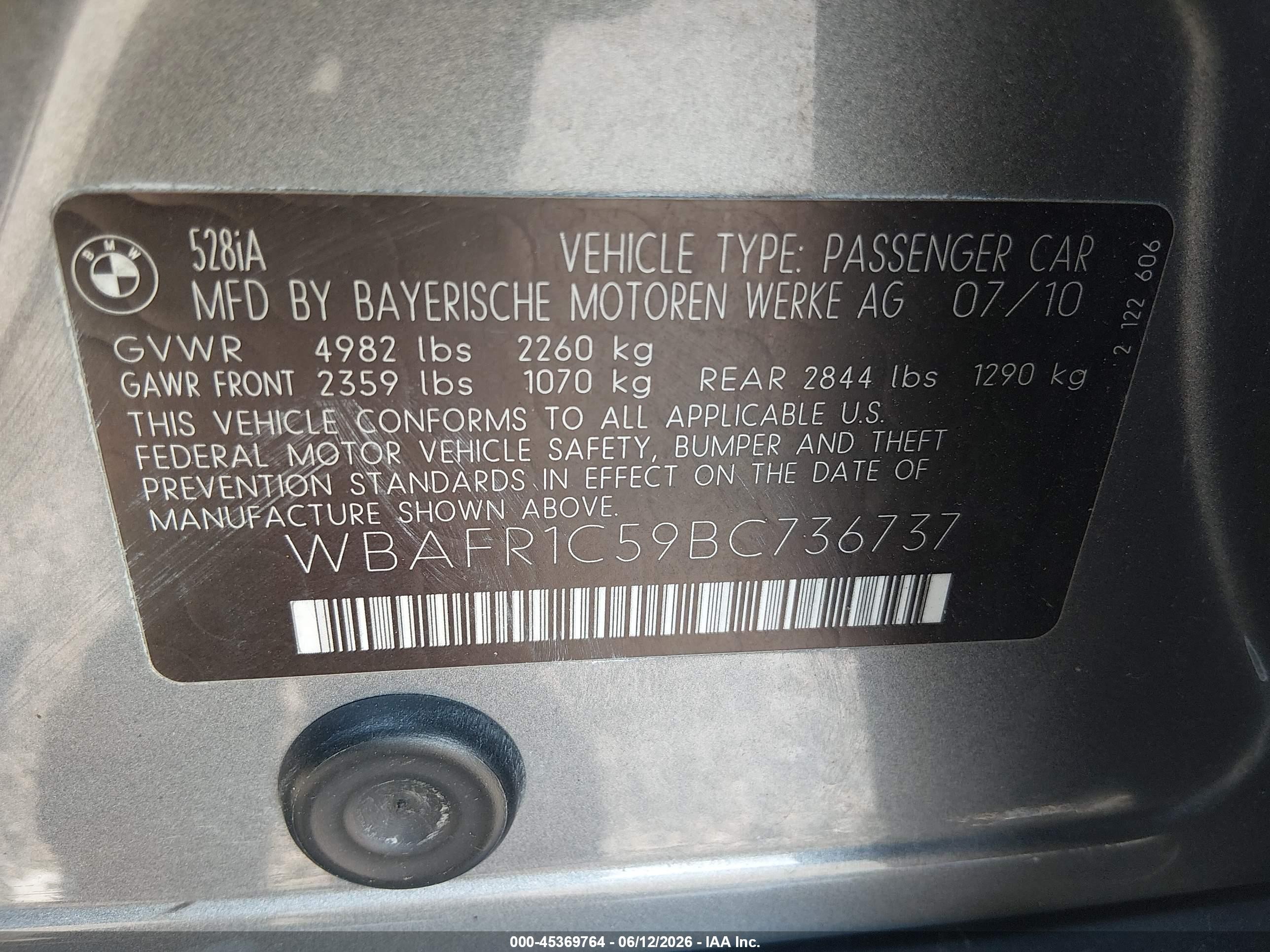 2011 Bmw 528i   Gray vin: WBAFR1C59BC736737
