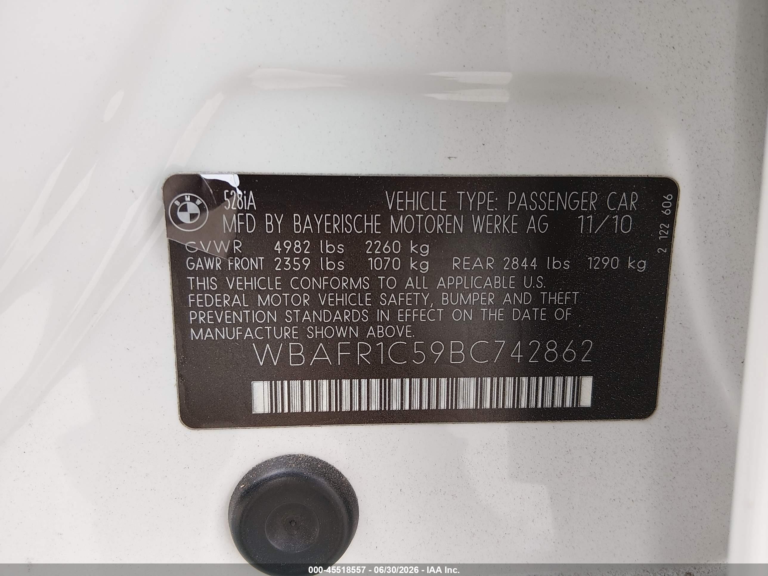 2011 Bmw 528i   White vin: WBAFR1C59BC742862