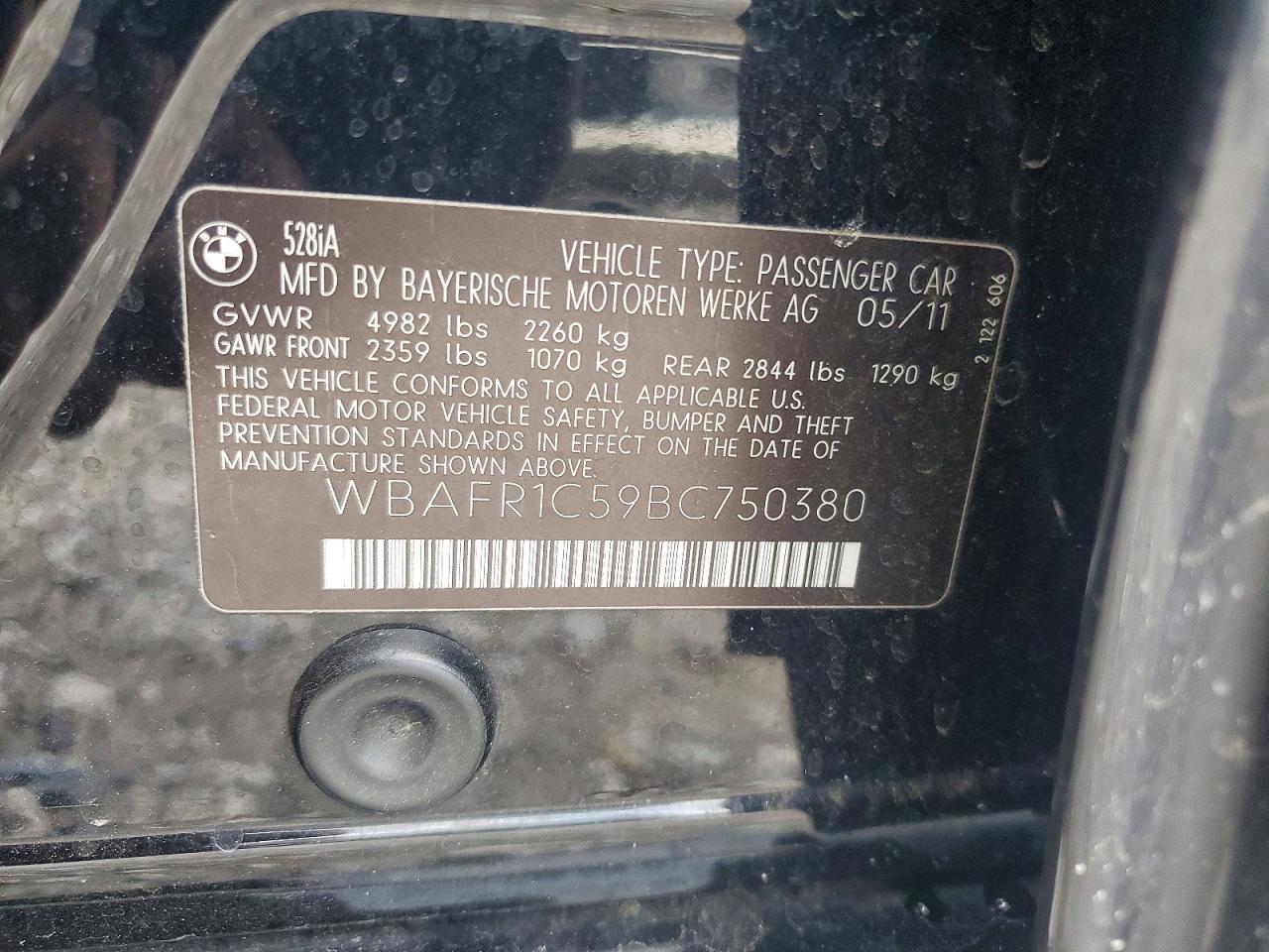 2011 Bmw 528 I Черный vin: WBAFR1C59BC750380