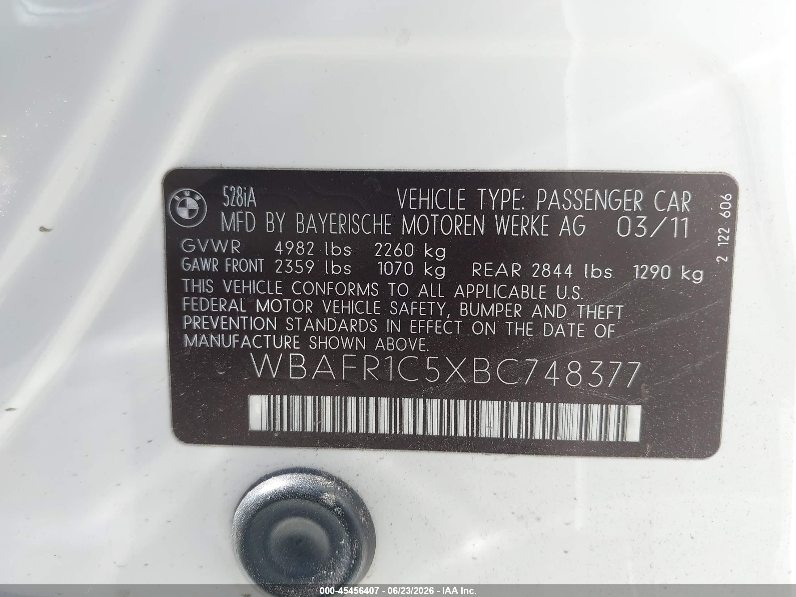 2011 Bmw 528i   White vin: WBAFR1C5XBC748377