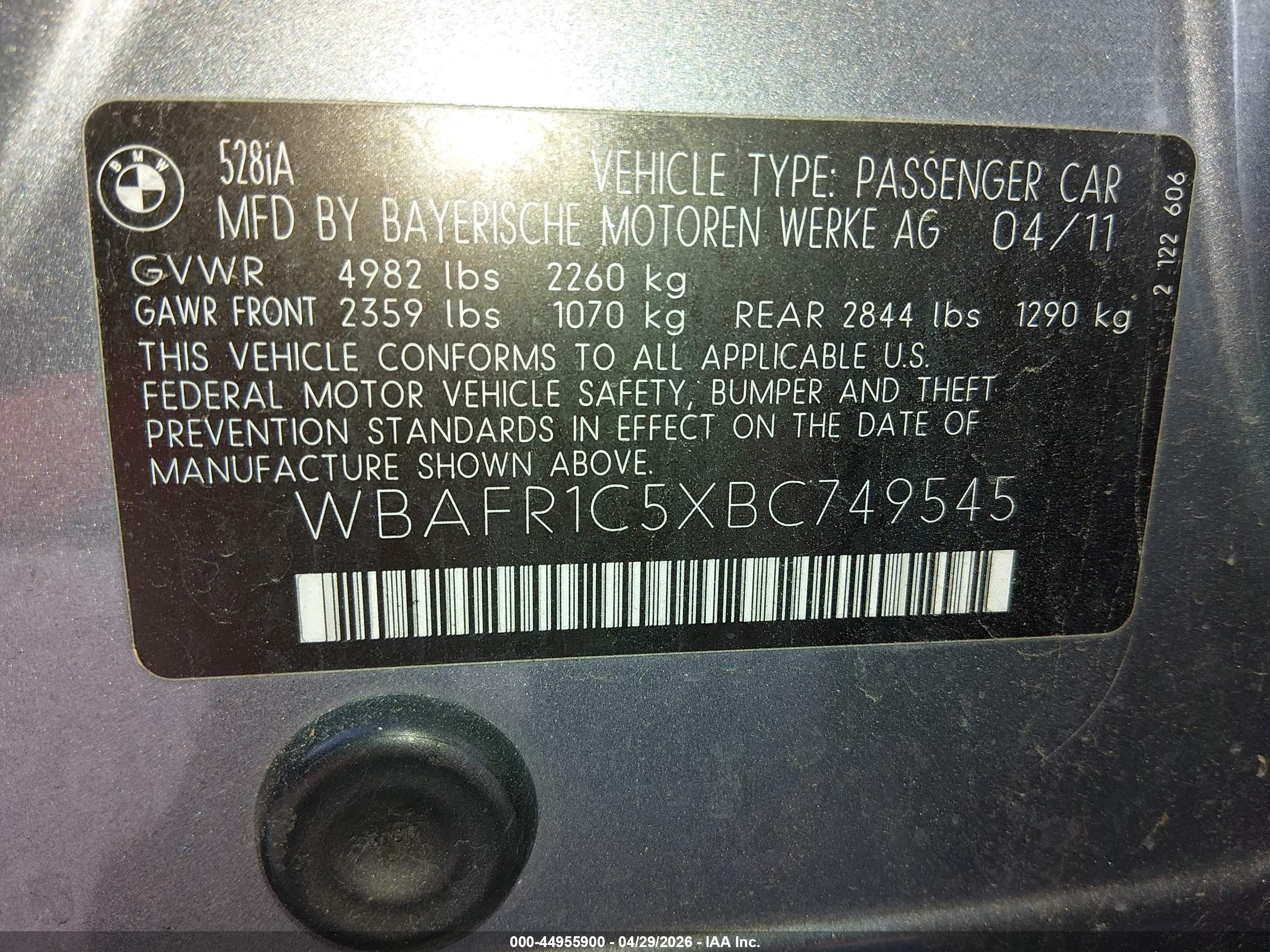 2011 Bmw 528i   Gray vin: WBAFR1C5XBC749545