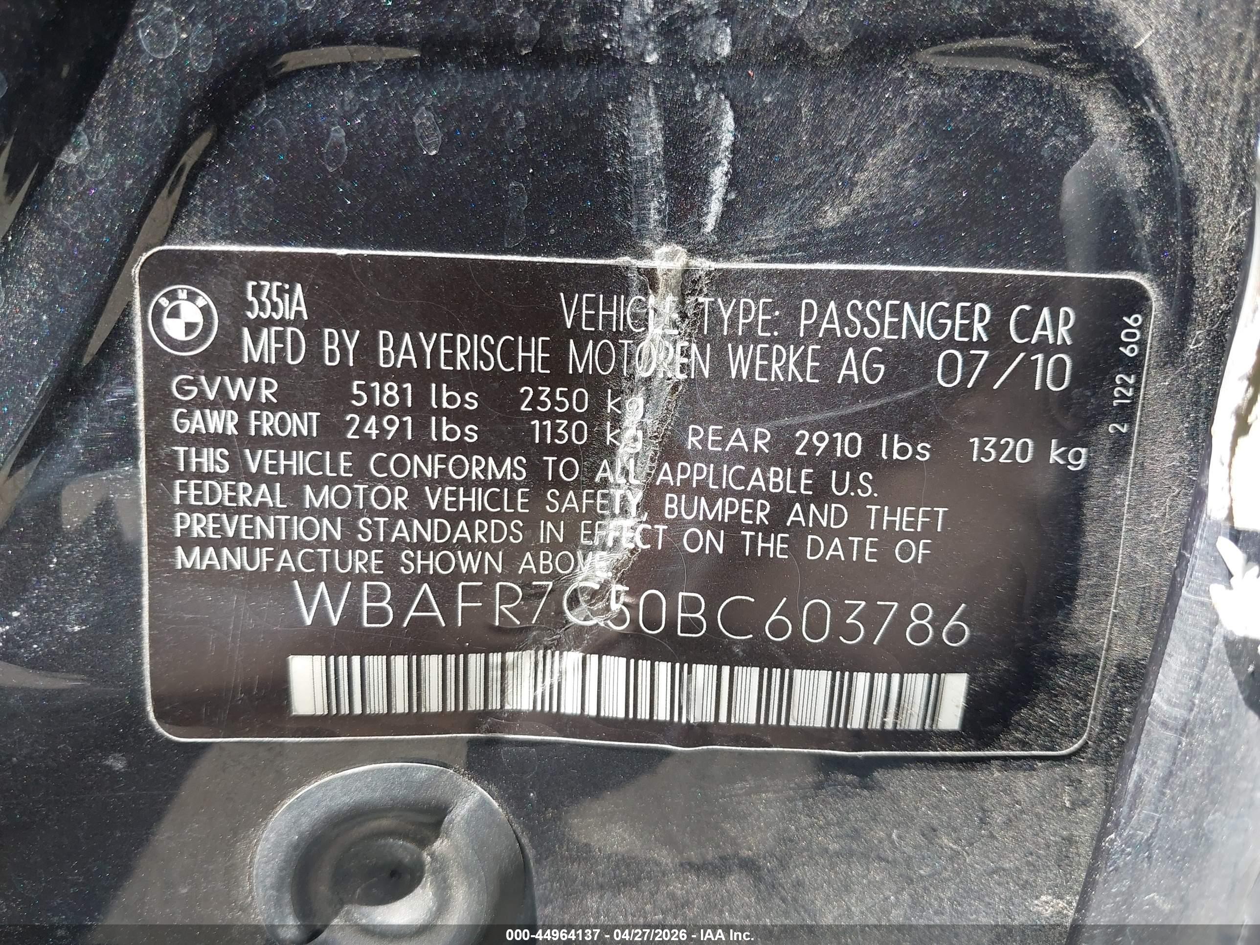2011 Bmw 535i   Black vin: WBAFR7C50BC603786