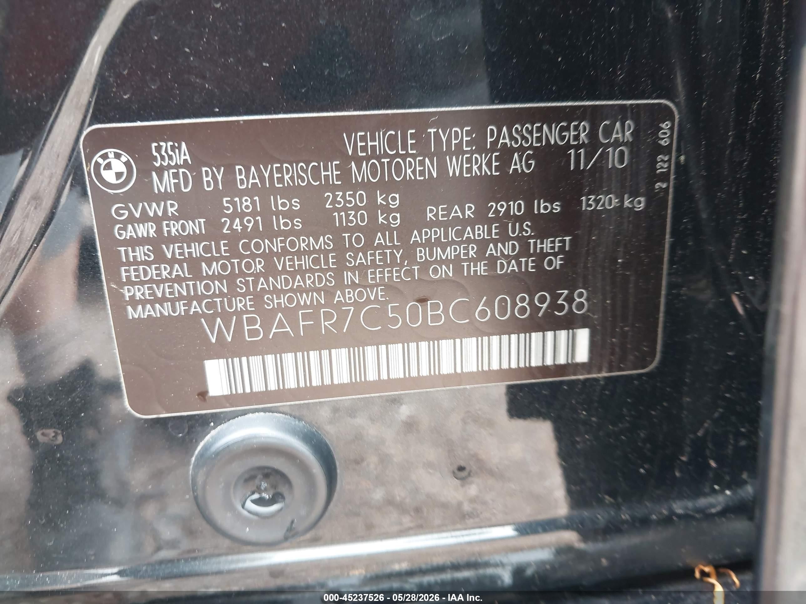 2011 Bmw 535i   Black vin: WBAFR7C50BC608938