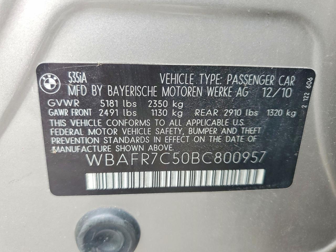 2011 Bmw 535 I Silver vin: WBAFR7C50BC800957