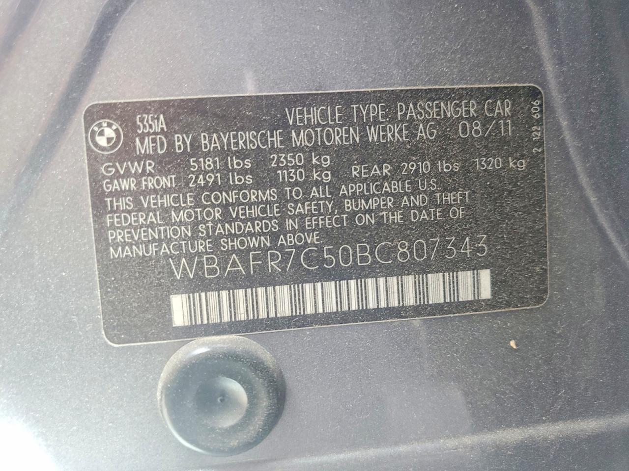 2011 Bmw 535 I Gray vin: WBAFR7C50BC807343