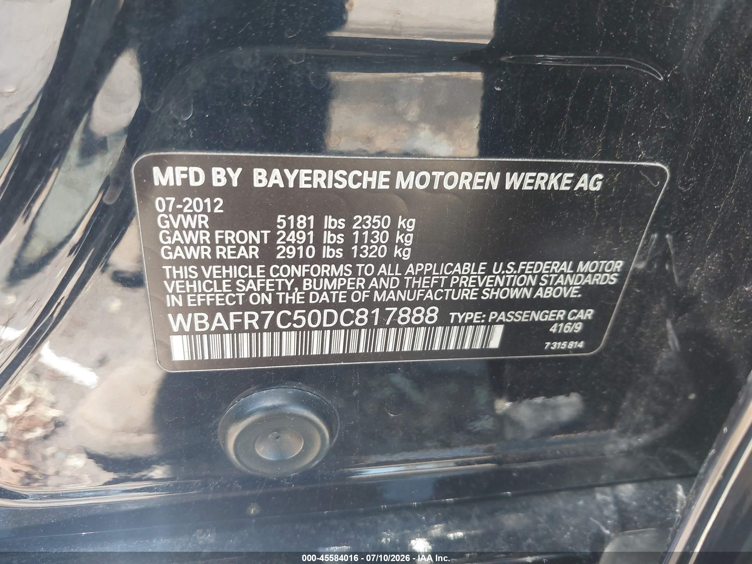 2013 Bmw 535i   Синий vin: WBAFR7C50DC817888