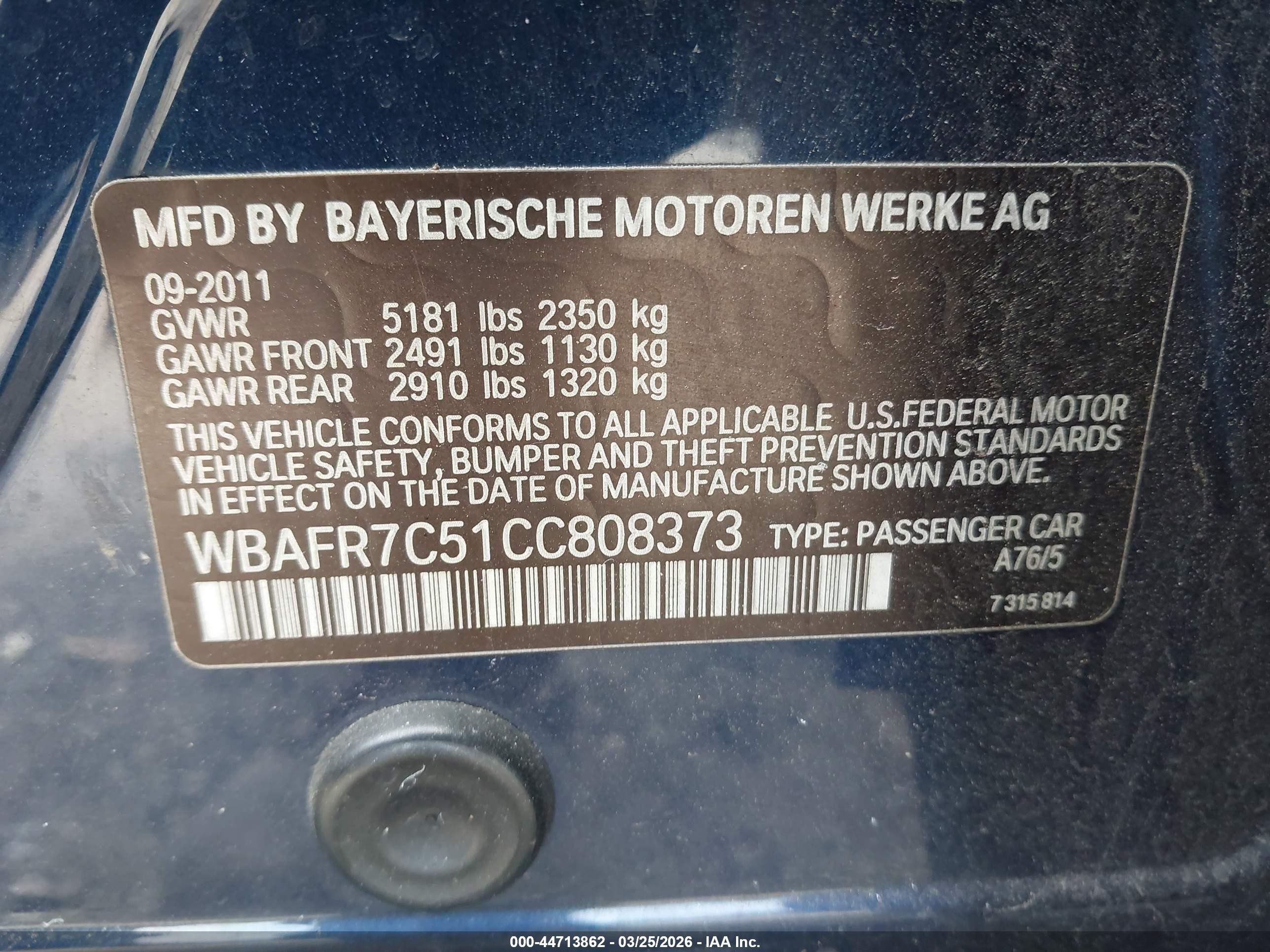 2012 Bmw 535i   Dark Blue vin: WBAFR7C51CC808373