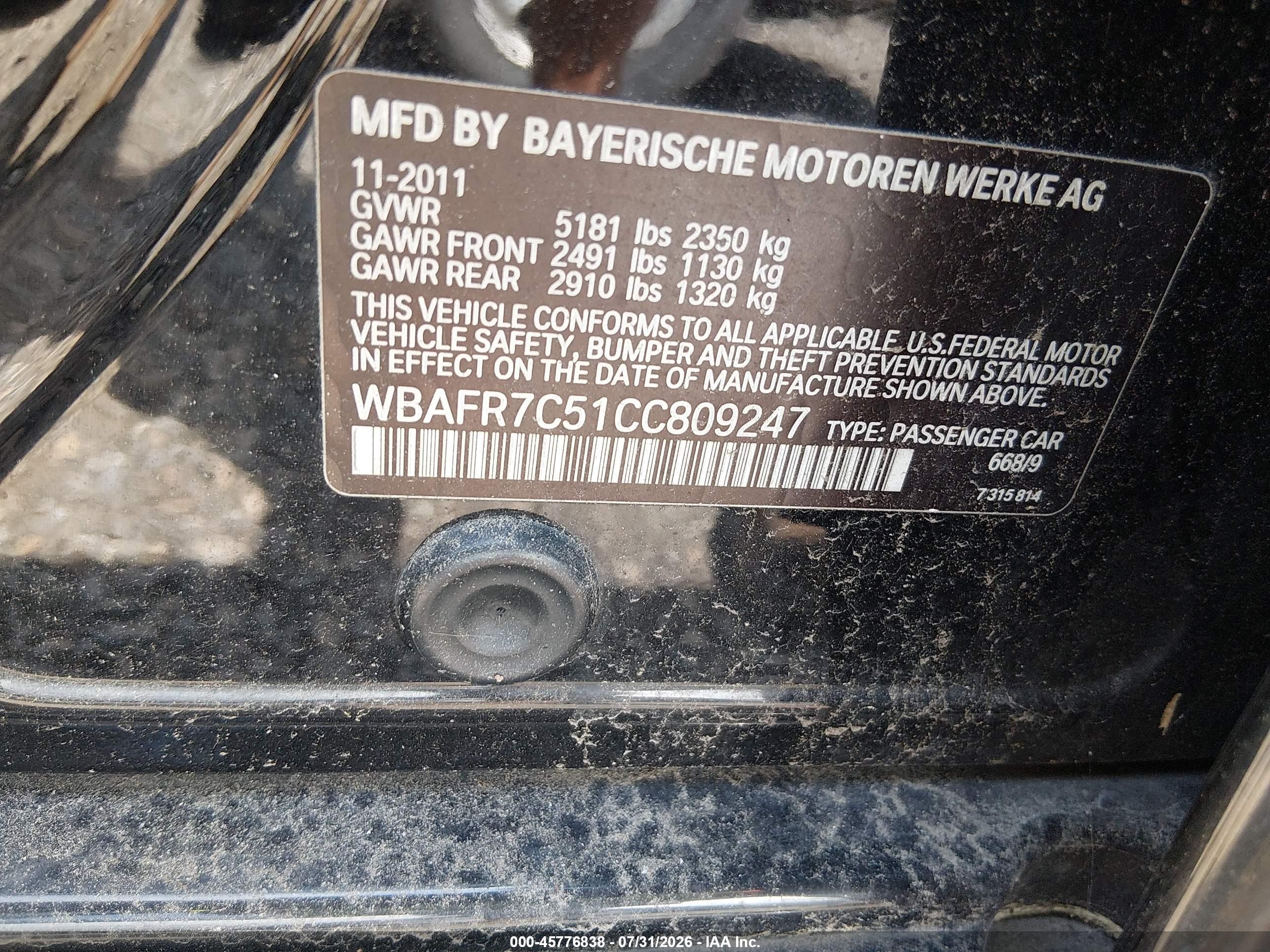 2012 Bmw 535i   Black vin: WBAFR7C51CC809247