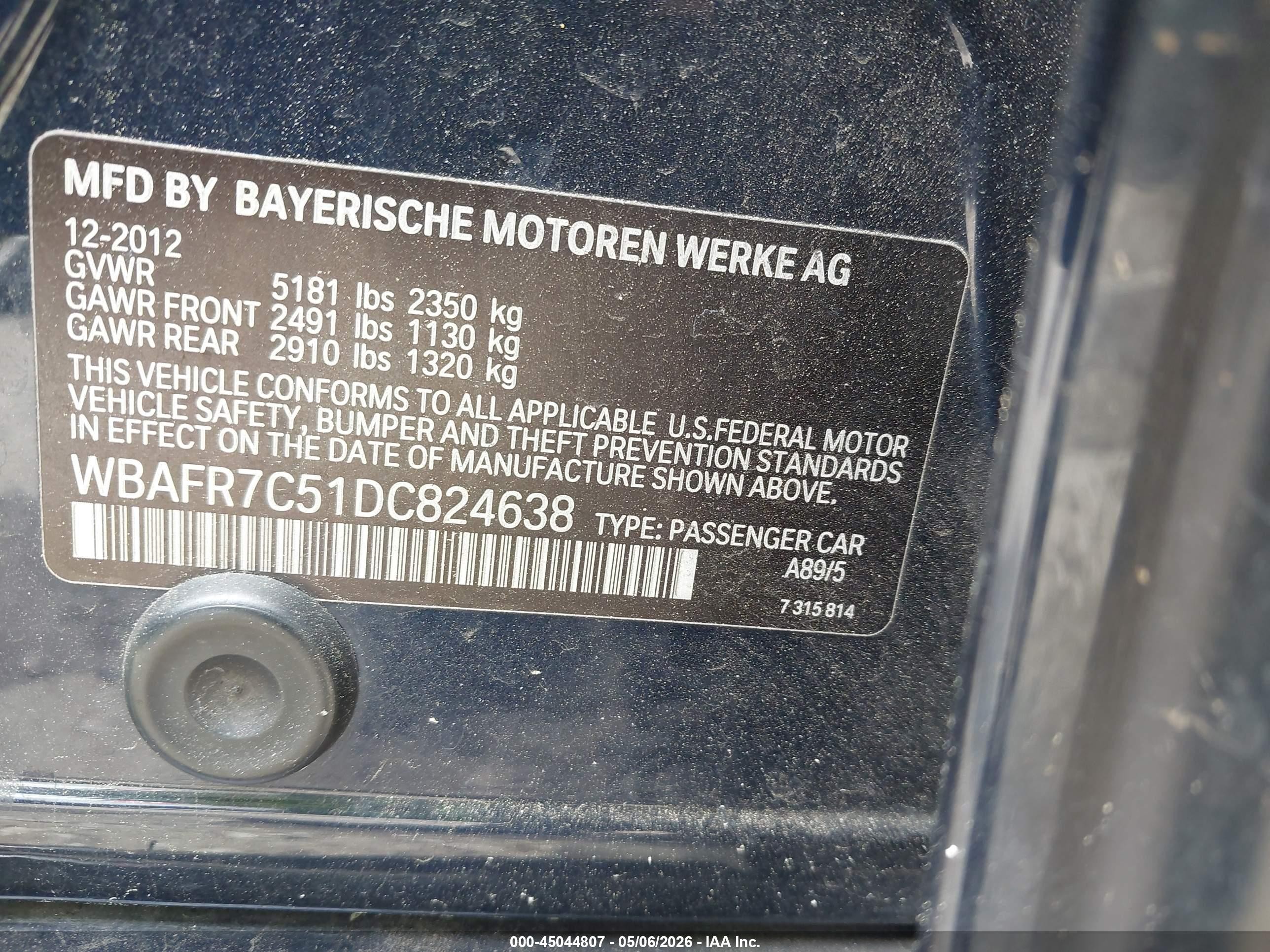 2013 Bmw 535i   Blue vin: WBAFR7C51DC824638