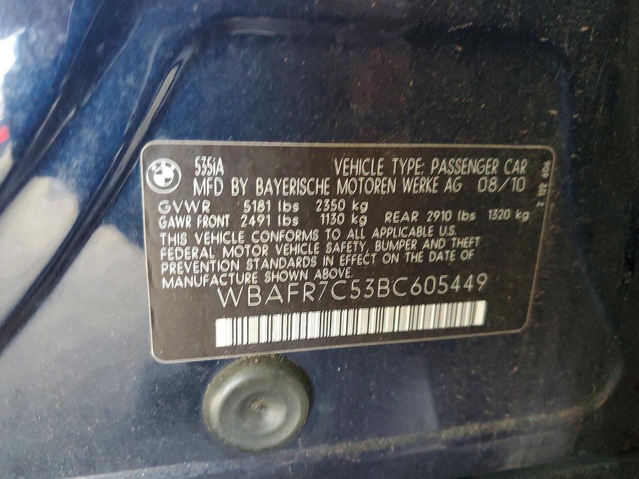 2011 Bmw 535 I Blue vin: WBAFR7C53BC605449