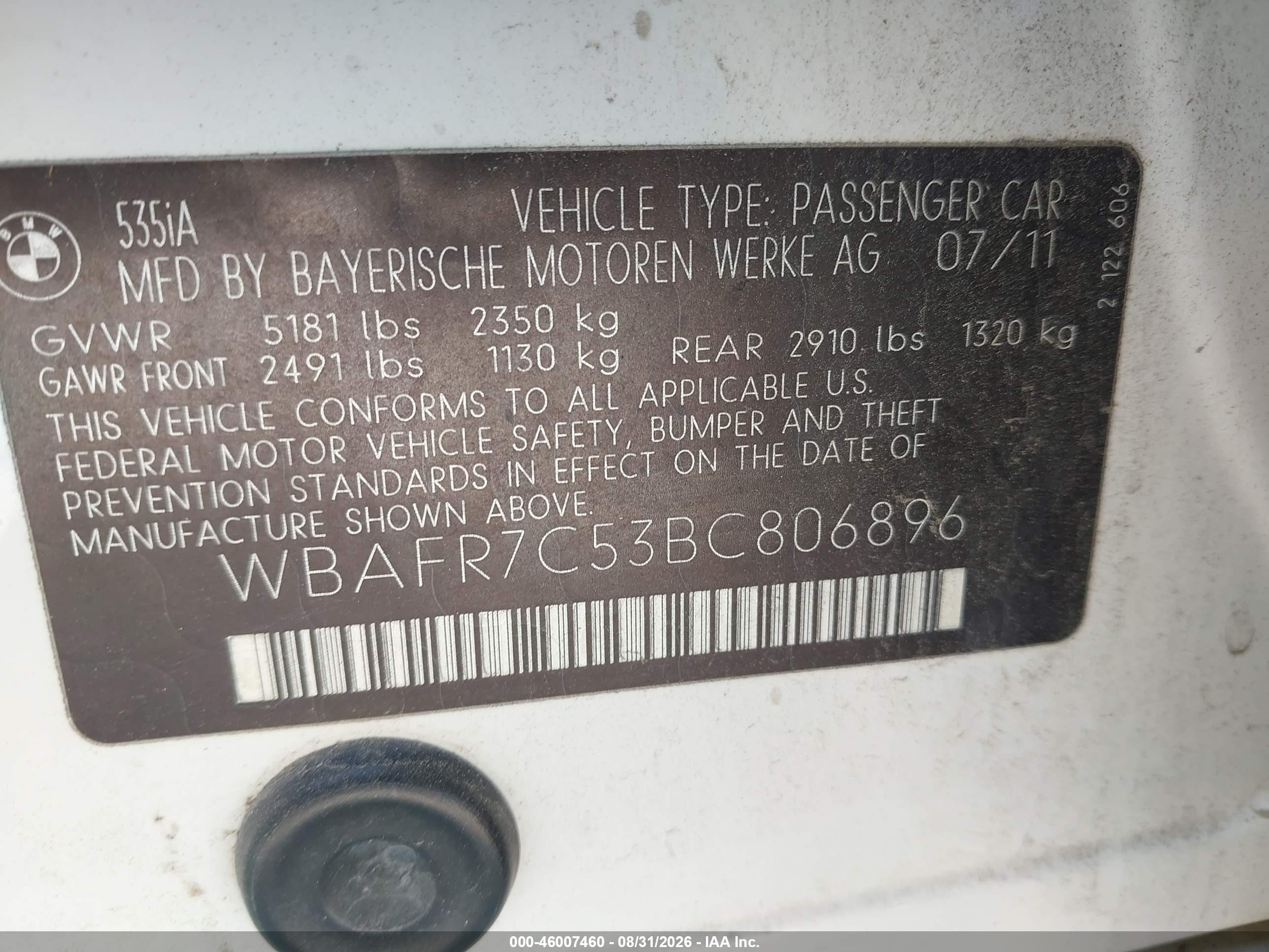 2011 Bmw 535i   White vin: WBAFR7C53BC806896