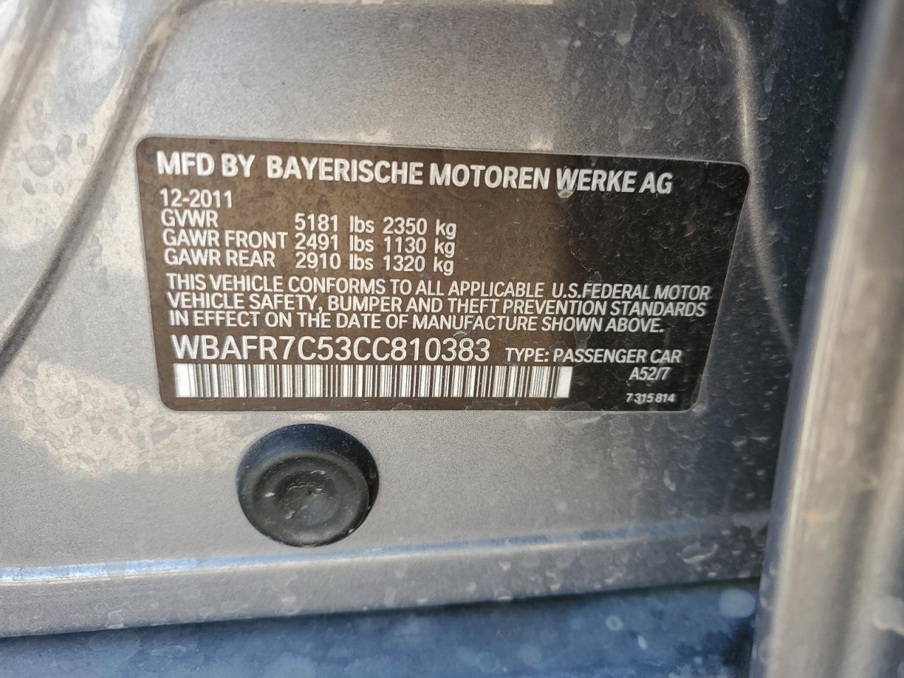 2012 Bmw 535 I Gray vin: WBAFR7C53CC810383