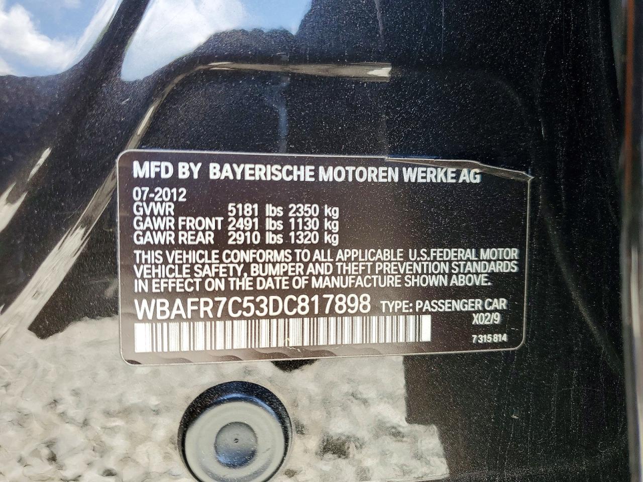 2013 Bmw 535 I Черный vin: WBAFR7C53DC817898