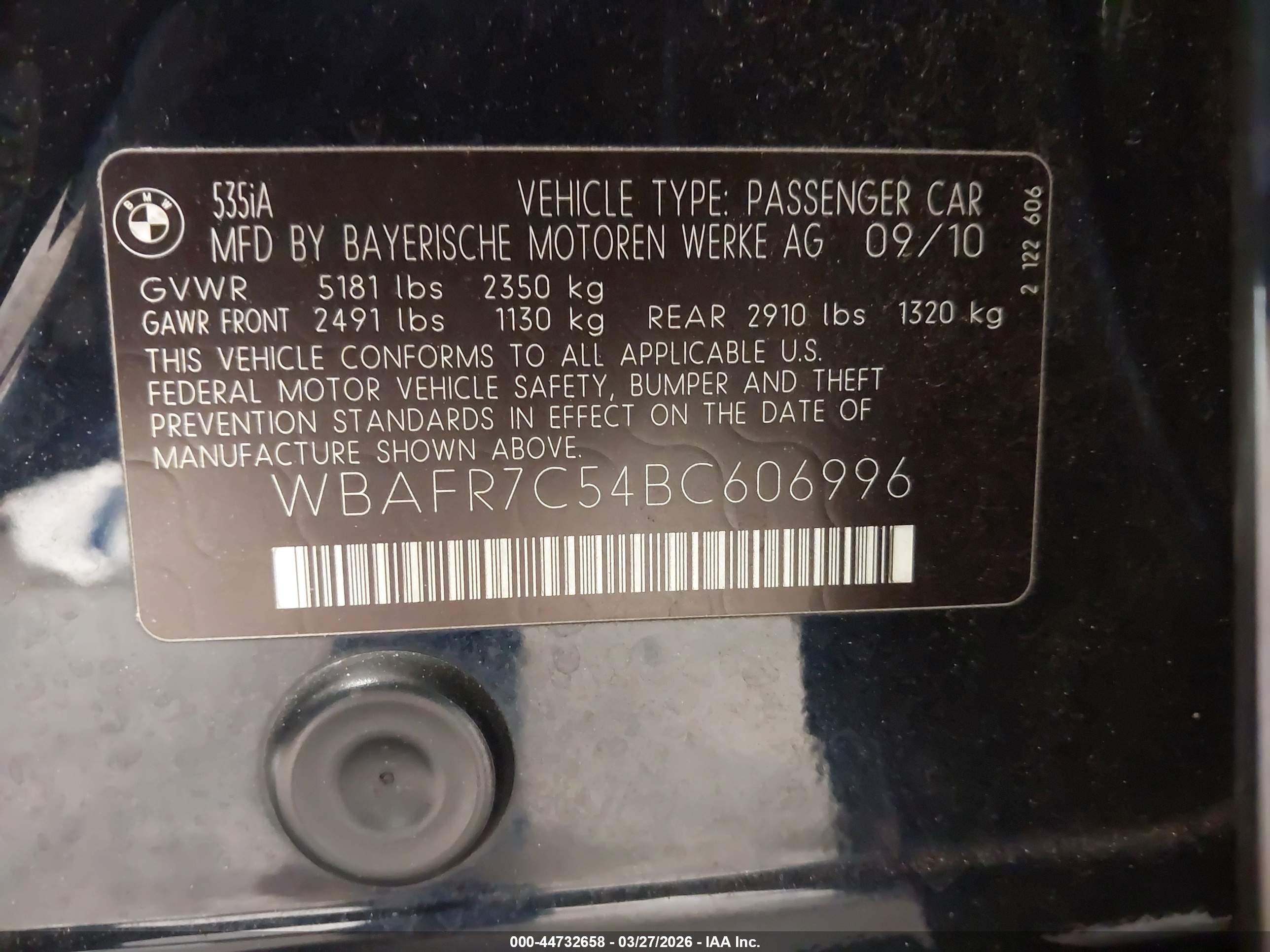 2011 Bmw 535i   Black vin: WBAFR7C54BC606996