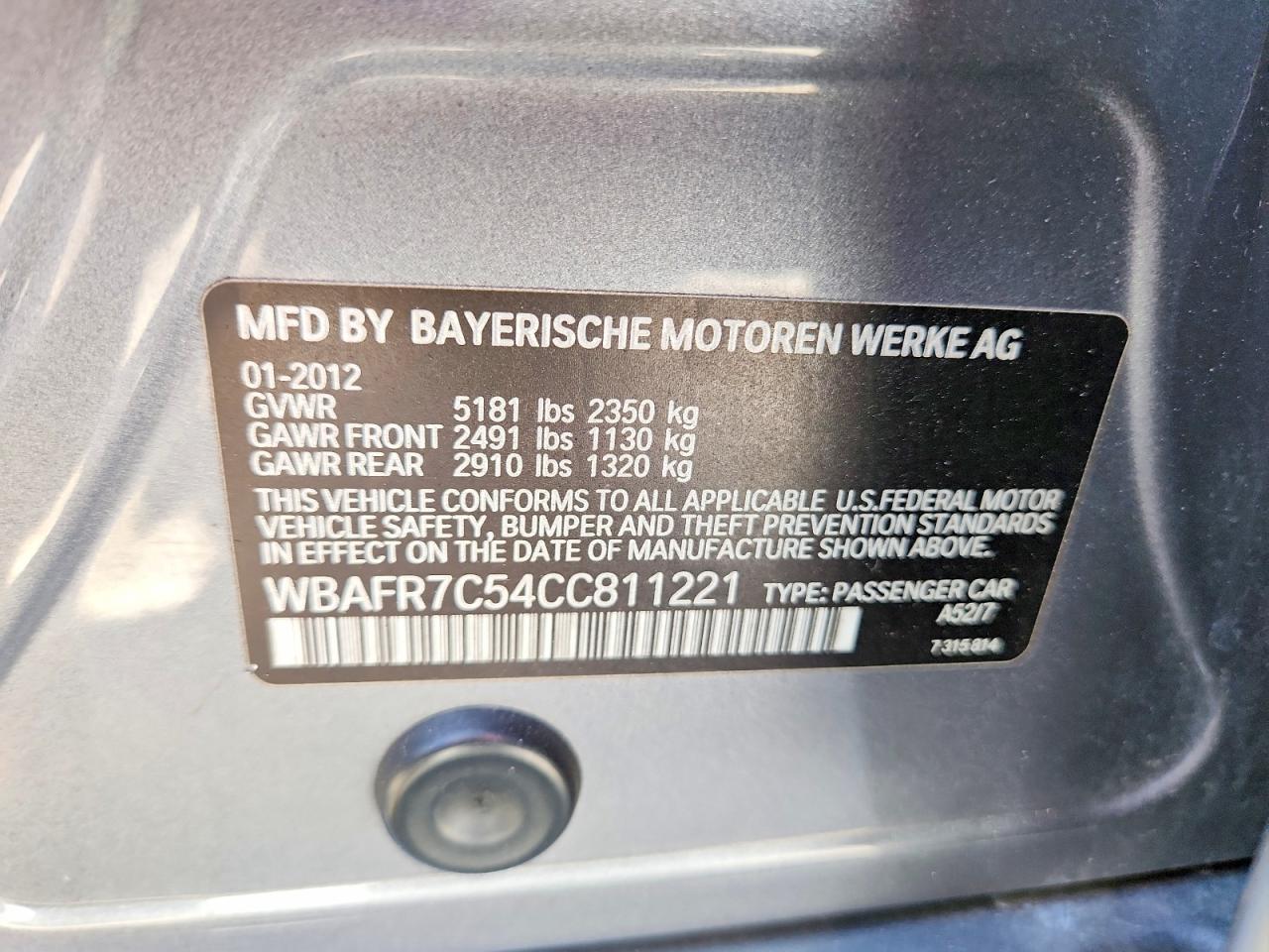 2012 Bmw 535 I Серый vin: WBAFR7C54CC811221