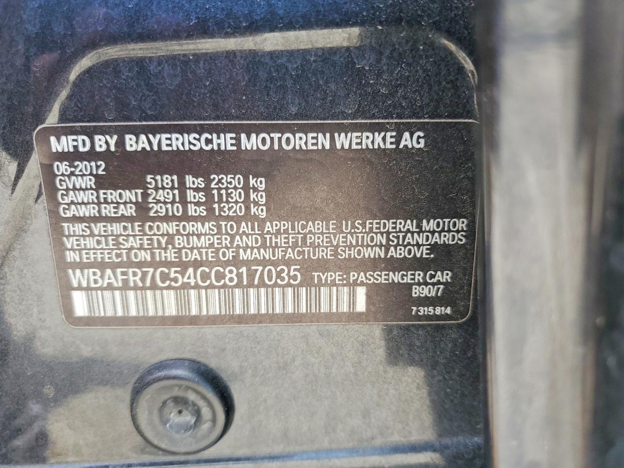 2012 Bmw 535 I Black vin: WBAFR7C54CC817035