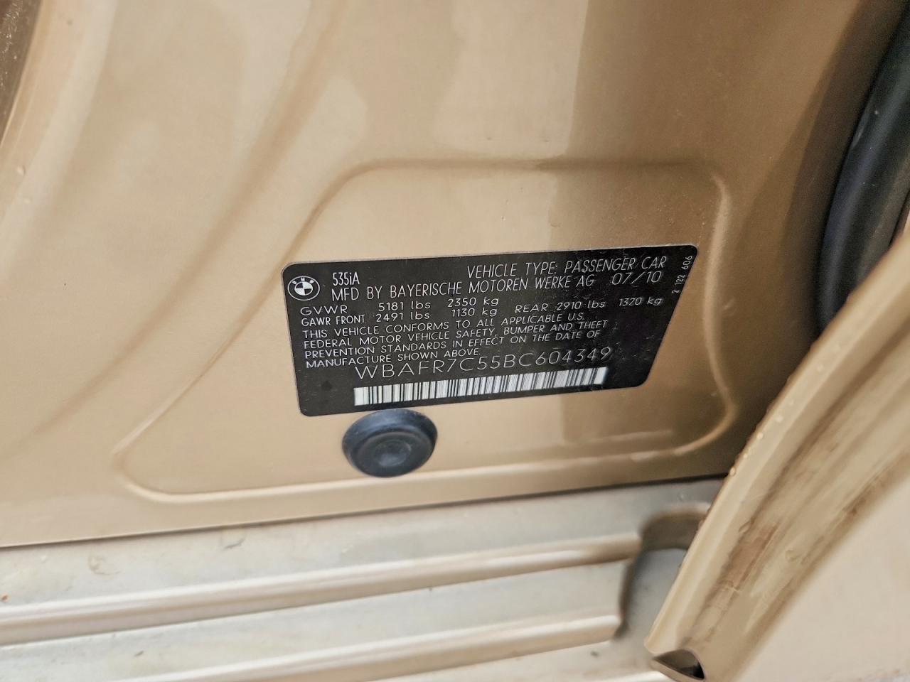 2011 Bmw 535 I Золотой vin: WBAFR7C55BC604349