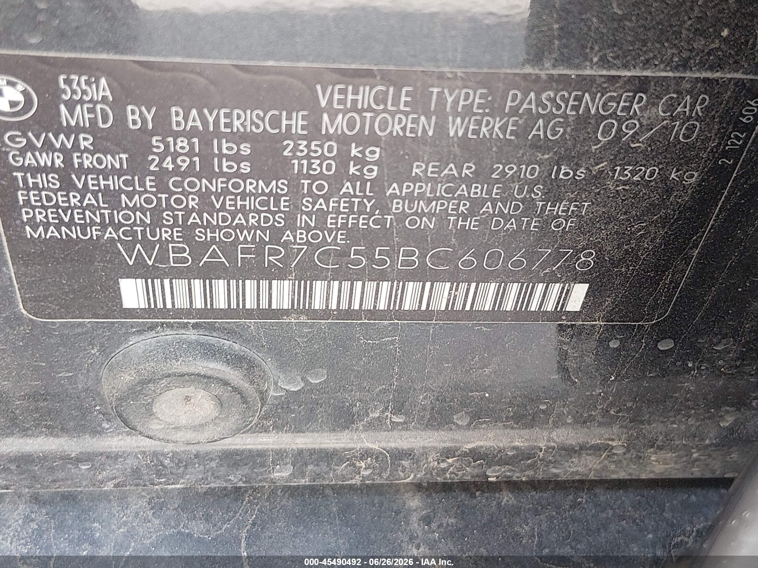 2011 Bmw 535i   Gray vin: WBAFR7C55BC606778