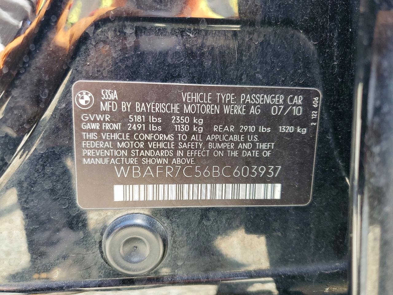 2011 Bmw 535 I Black vin: WBAFR7C56BC603937